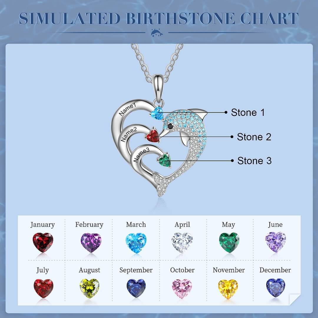 Personalized Dolphin Heart Birthstone Necklace - Custom Name & Birthstone Jewelry for Women | H0001 | Perfect Gift for Birthday, Anniversary & Mother's Day