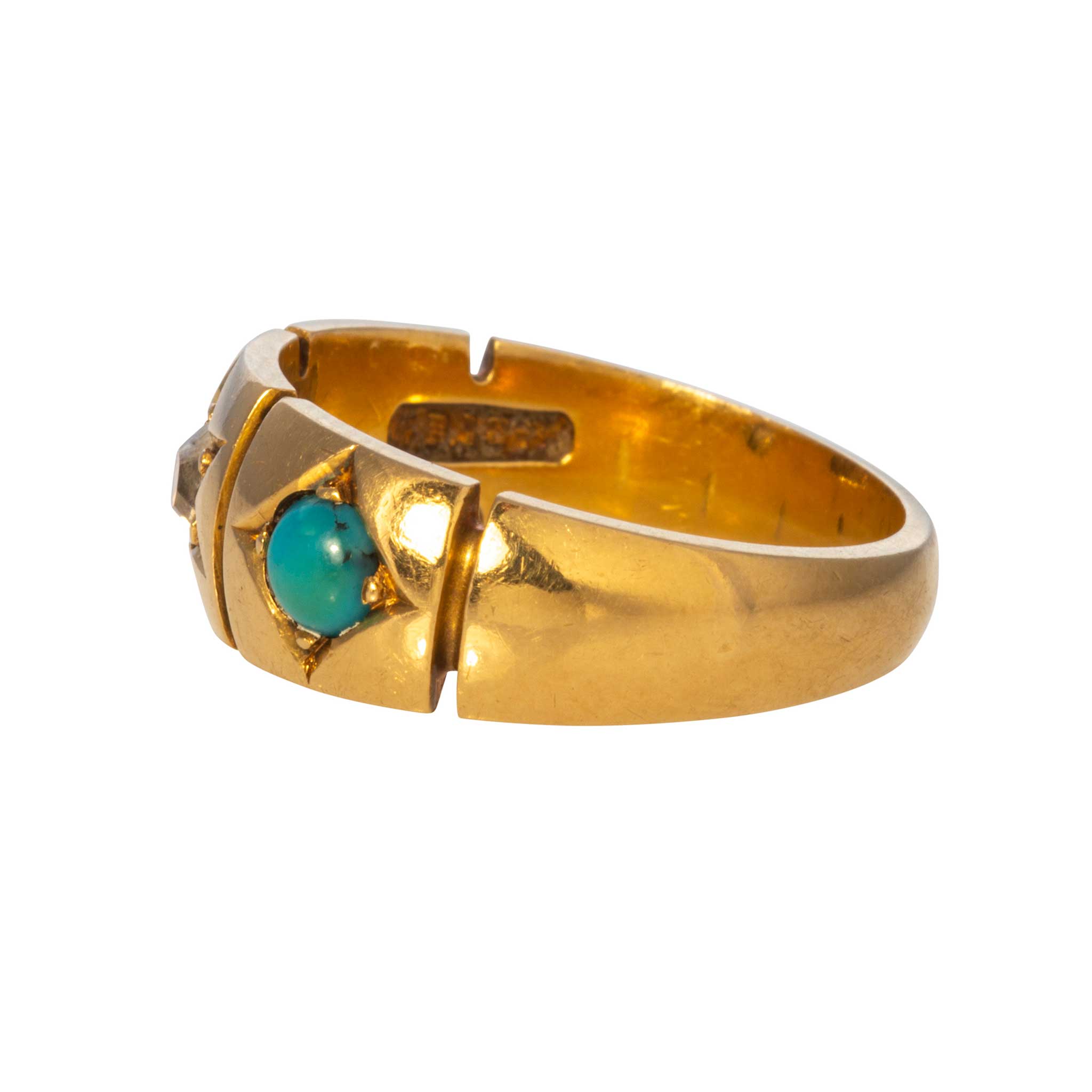 Victorian Style 18K Gold Ring with Diamond & Turquoise Three Stone - Elegant Jewelry for Weddings, Anniversaries & Special Occasions