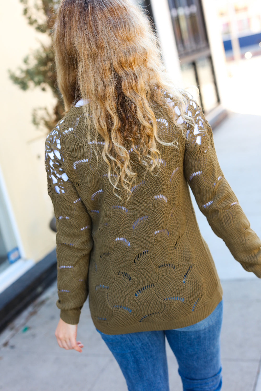Stylish Olive Green Pointelle Lace Knit Sweater for Women - Trendy Casual Pullover with Shoulder Details - Perfect for Fall Outfits, Date Nights & Office Wear