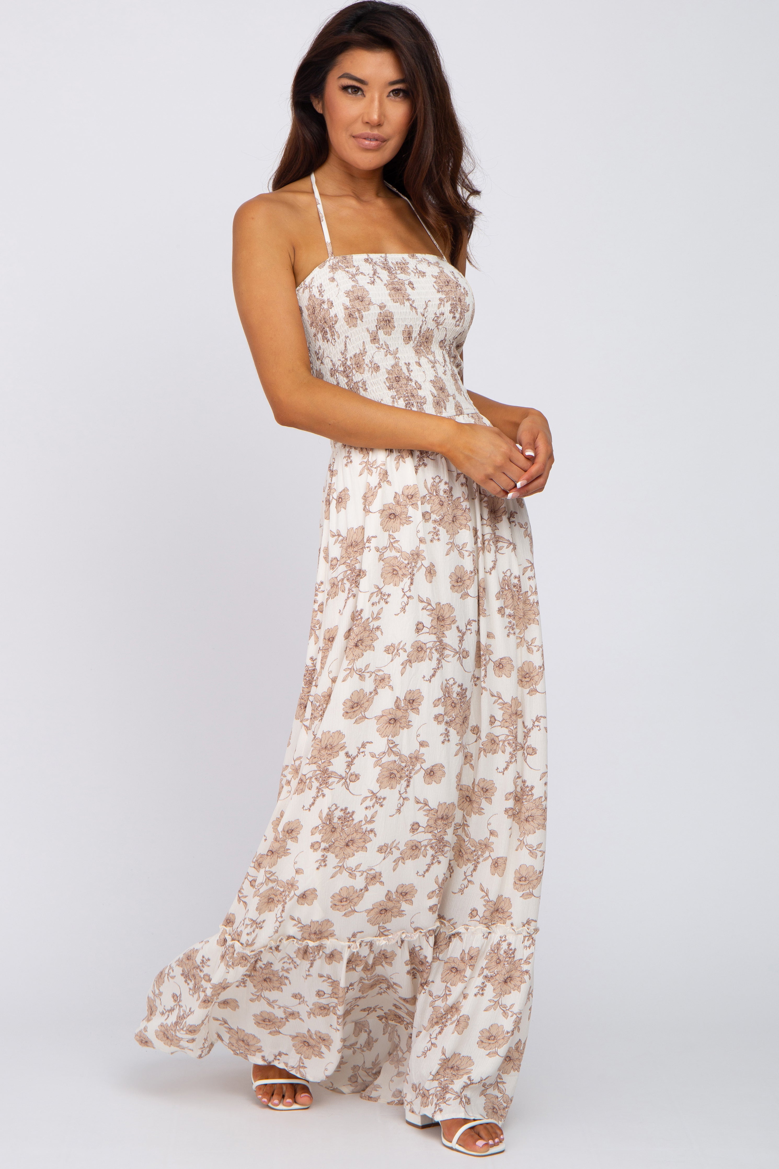 Beige Floral Smocked Halter Back Cutout Maxi Dress for Women - Summer Beach Wedding Party Dress | Boho Chic Flowy Long Dress with Elastic Waist
