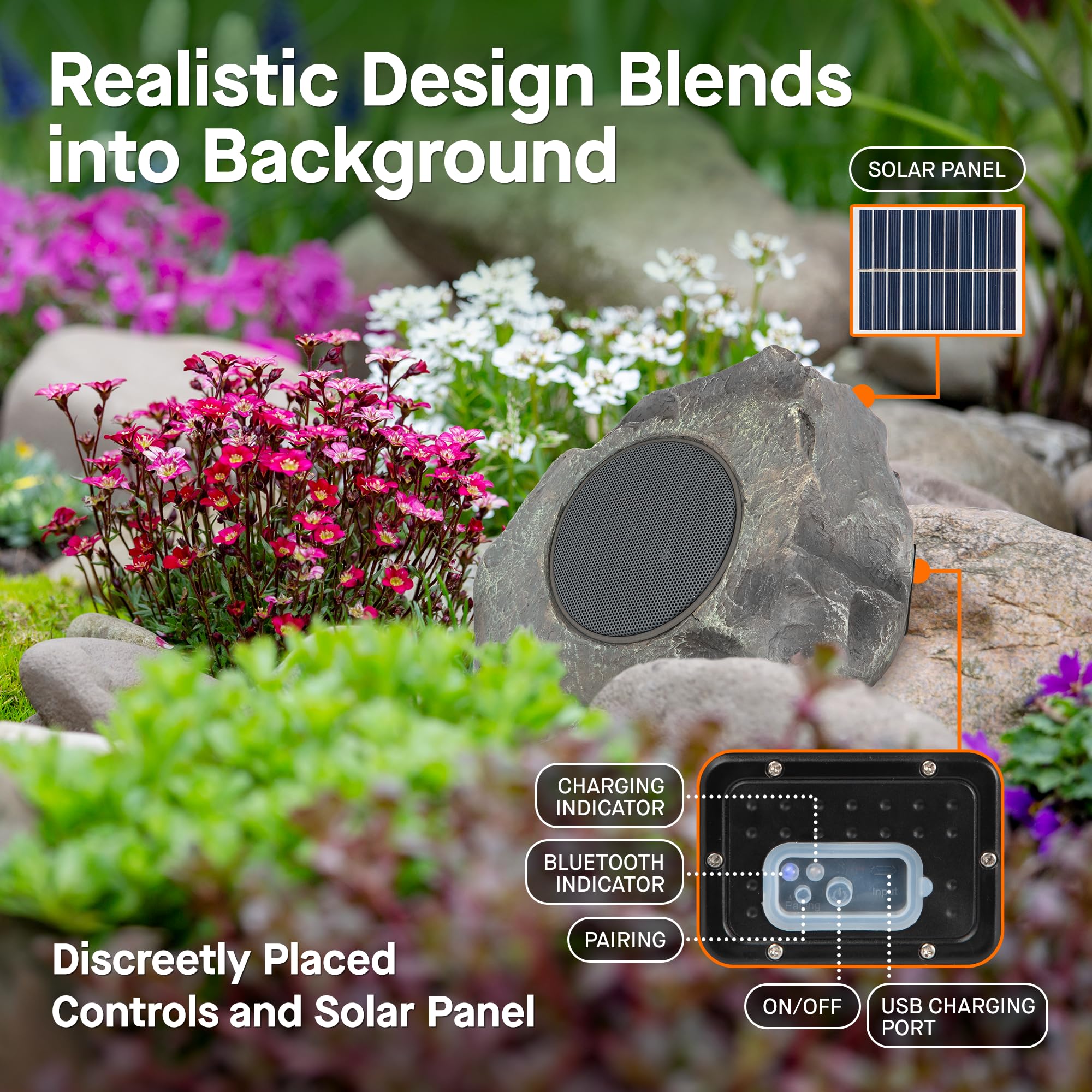 Homewell Solar Rock Speakers - Wireless Bluetooth Outdoor Waterproof Speakers - Weatherproof Landscape Speakers for Pool, Patio, Deck, Backyard, Garden - Year Round Outdoor Use (2-Pack, Grey) - Perfect for Summer BBQs, Pool Parties & Garden Relaxation