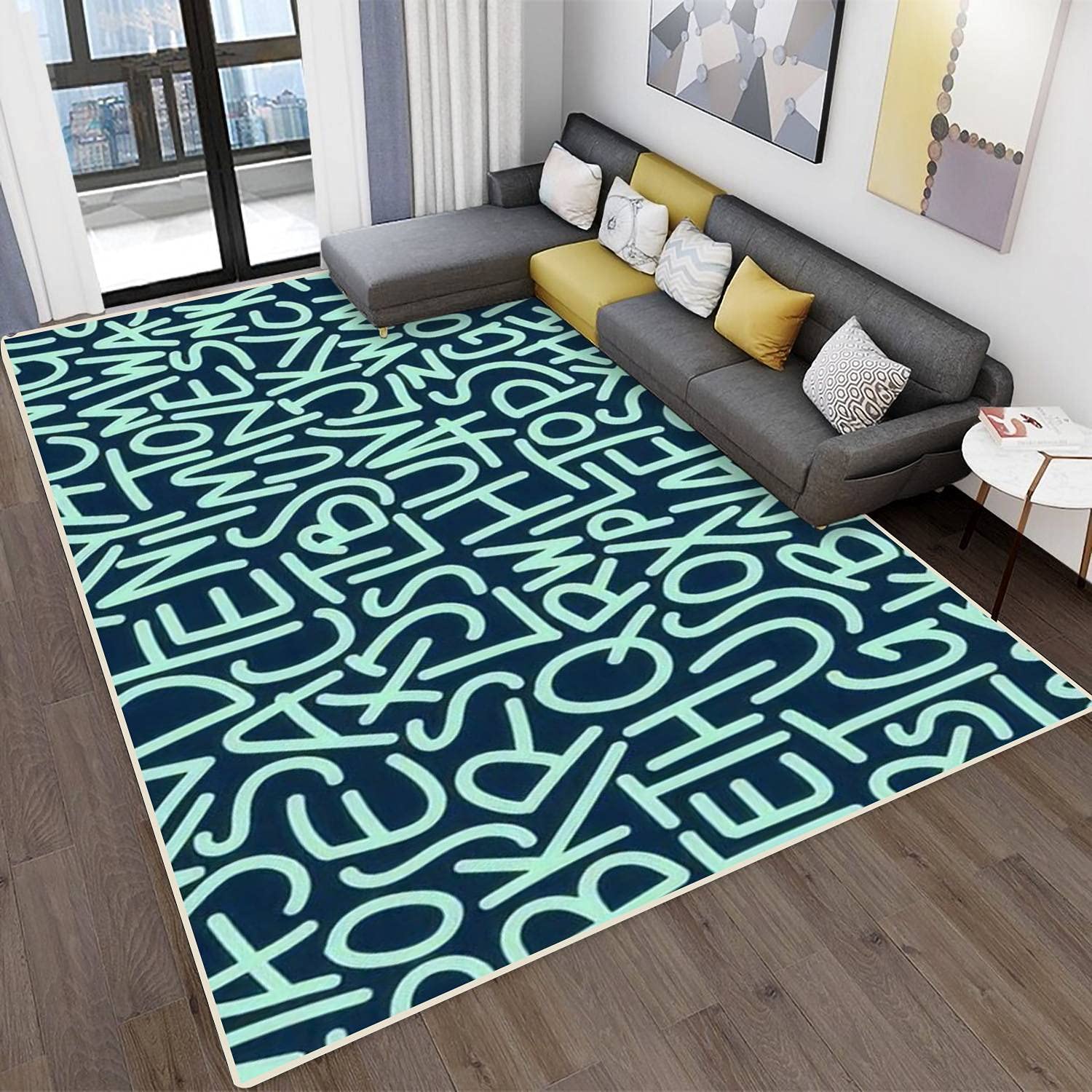 Modern Abstract Area Rugs - Stain Resistant Non-Slip Carpet for Living Room, Bedroom, Kitchen & Bathroom - Sailor Blue & Mint Alphabet Pattern Rectangular Home Decor Mat - Perfect for Cozy Spaces, Nursery Decor & High Traffic Areas