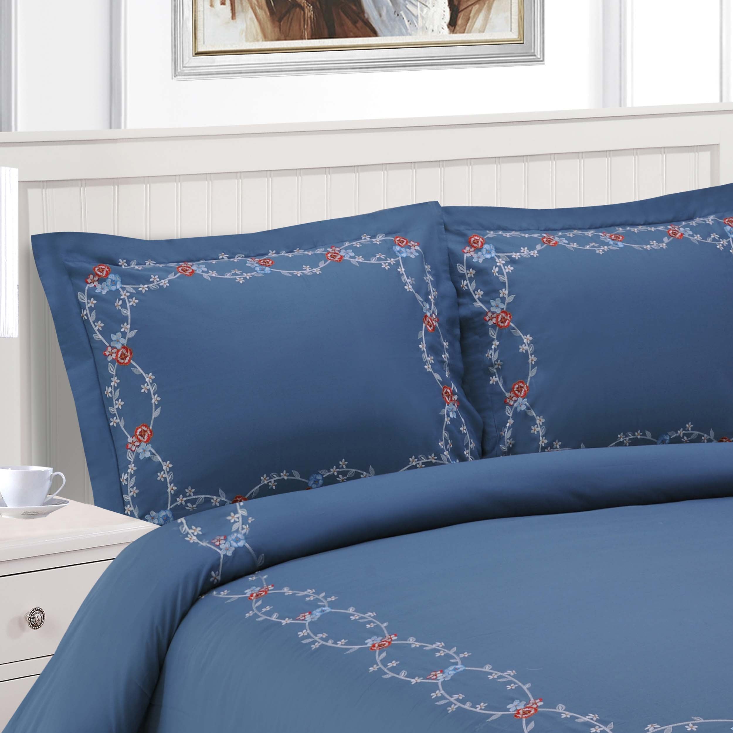 Helena Cotton Embroidered 3-Piece Duvet Cover Set - Queen Size Bedding Set with Pillowcases - Soft & Breathable Luxury Bedding for Master Bedroom, Guest Room & Dorm Decor