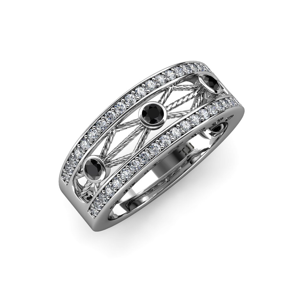14K White Gold Black & White Diamond Wedding Band - 0.48ctw Heart & Drop Design for Engagement, Anniversary & Special Occasions