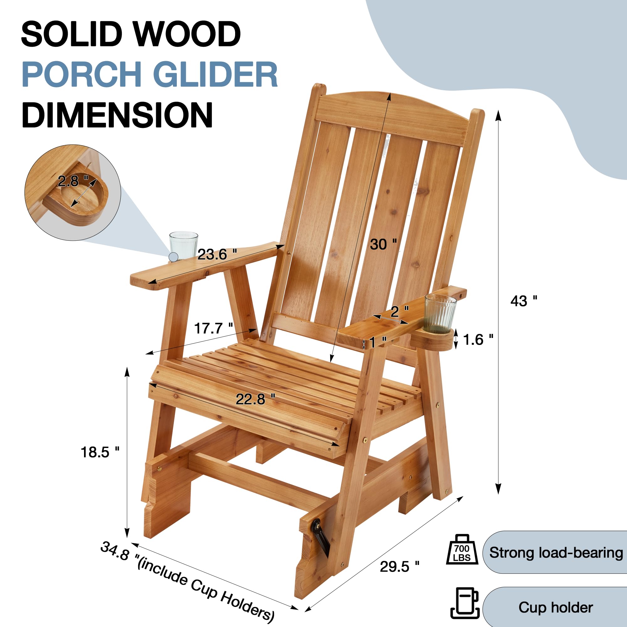 HOMREST 2-Piece Wooden Patio Glider Chair Set with Cup Holders - Heavy Duty 700LBS Capacity, Ergonomic Deep Contoured Seat & High Roll Back - Perfect for Outdoor Garden, Porch, Balcony & Backyard Relaxation