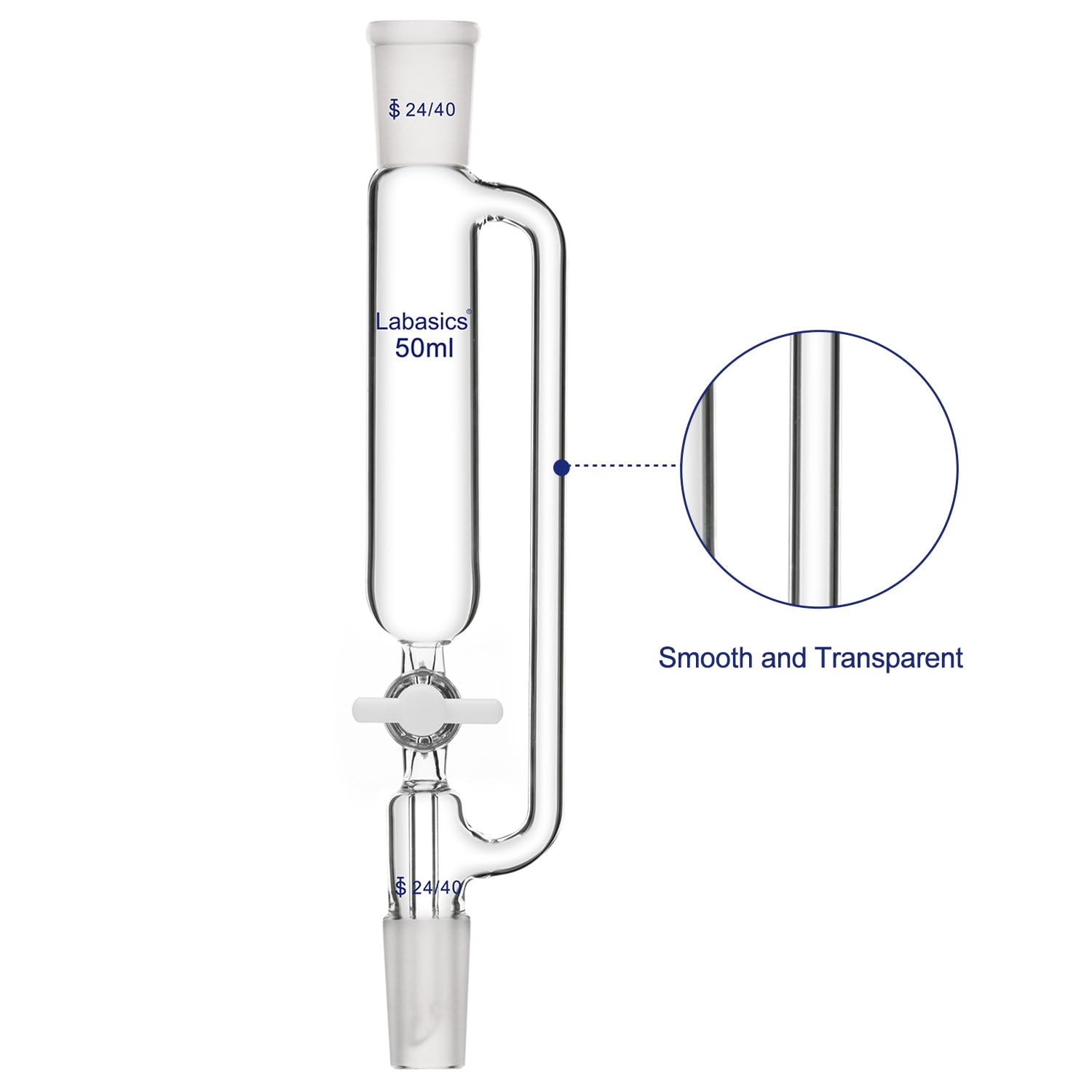 Labasics 50ml Pressure Equalizing Addition Funnel, Borosilicate Glass Dropping Funnel with 24/40 Joint & PTFE Stopcock - Ideal for Precise Liquid Transfer in Chemistry Labs, Distillation, and Titration Experiments