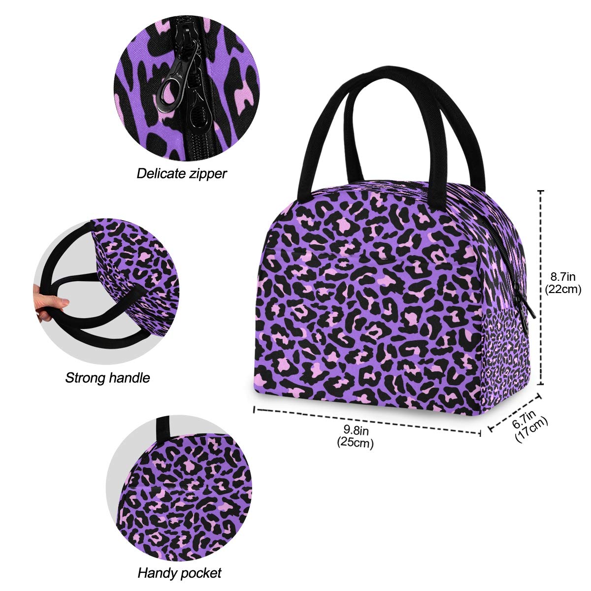 Stylish Purple Leopard Insulated Lunch Bag for Women & Men - Reusable Eco-Friendly Cooler with Carry Handle - Perfect for Work, School, Picnics & Outdoor Activities