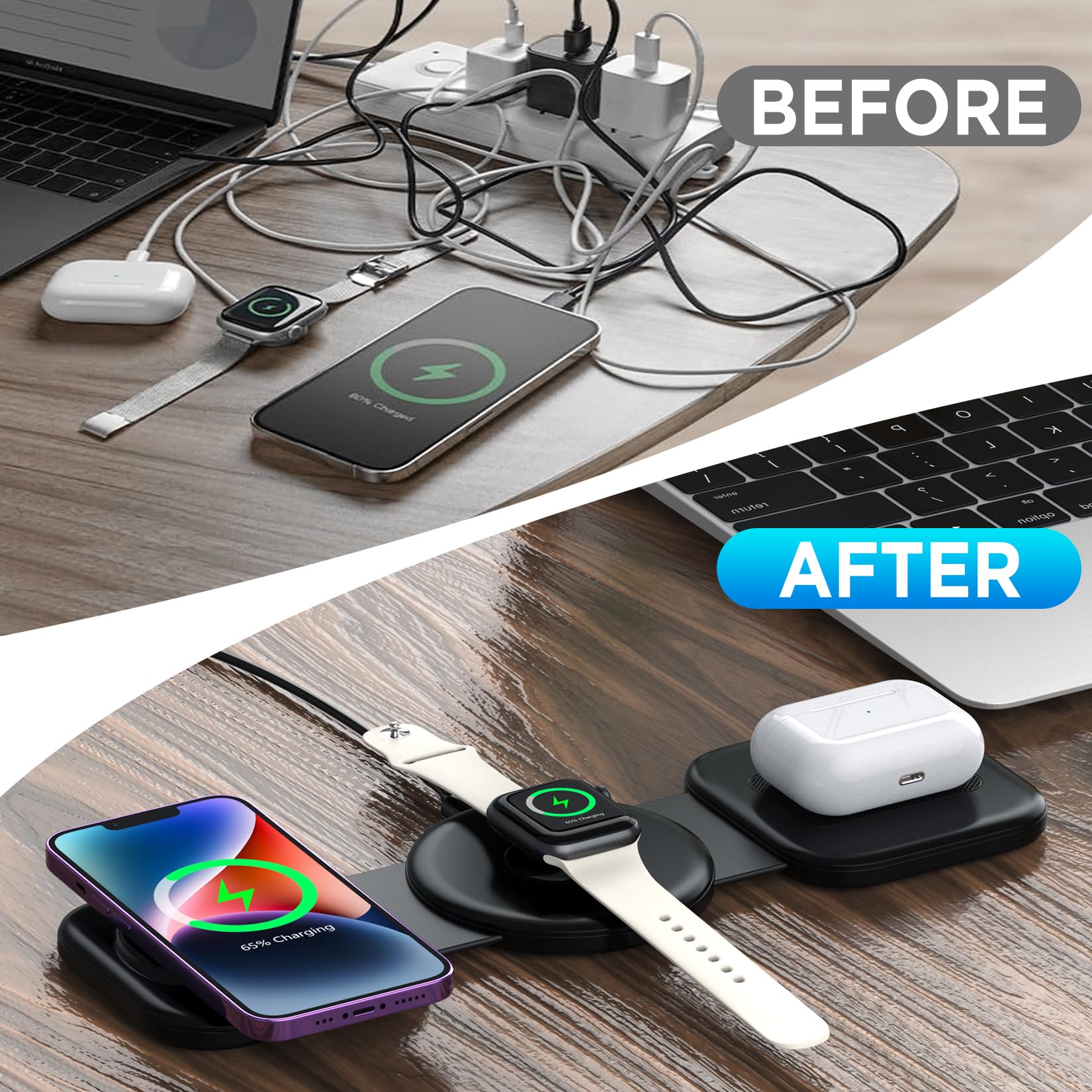 3-in-1 Foldable Wireless Charging Station for iPhone 14/13/12 Series, AirPods Pro 2/3 & Apple Watch - Magsafe Compatible Fast Charger (Black) | Perfect for Home, Office & Travel Charging Needs