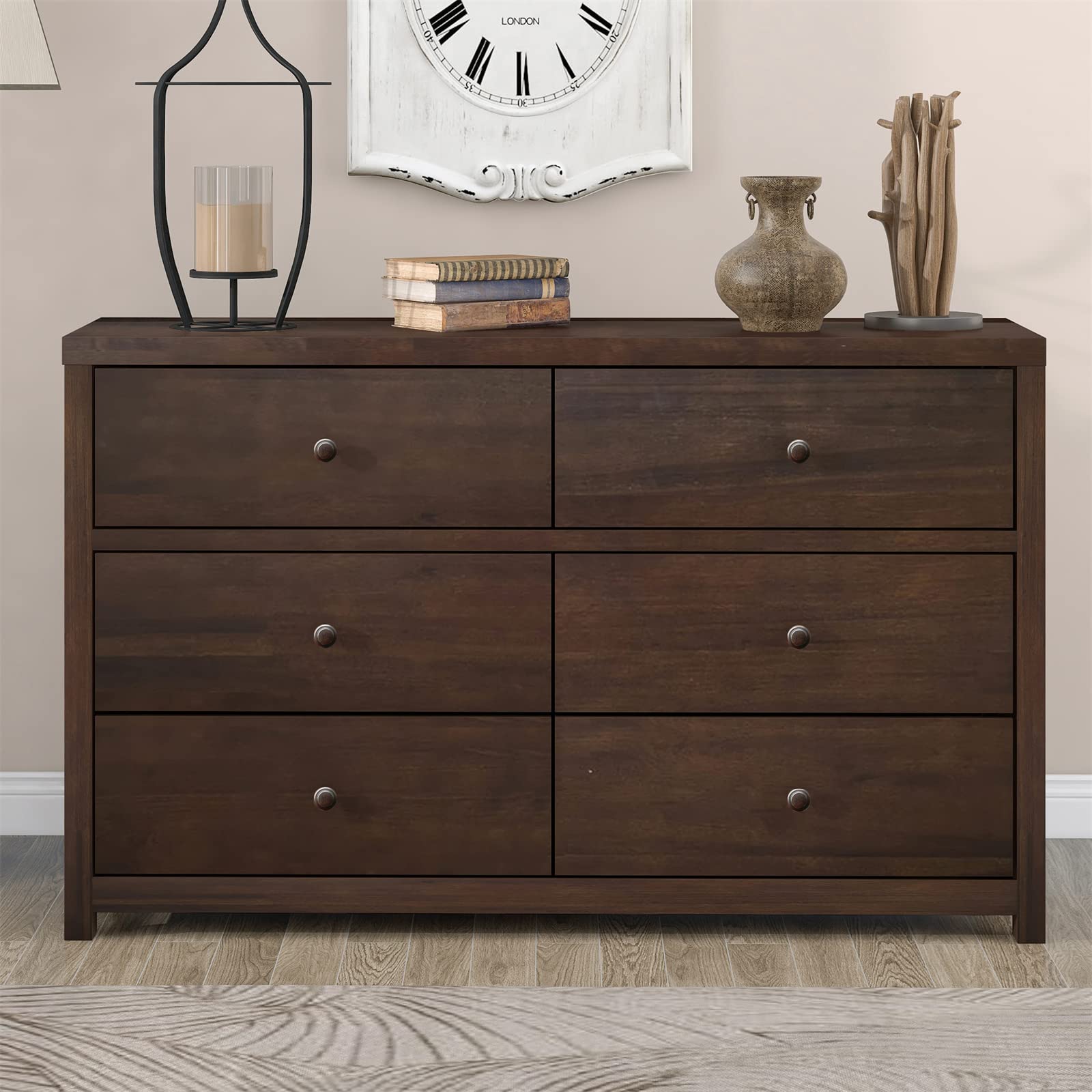 Vintage Solid Wood 6-Drawer Dresser for Bedroom Storage - Brown