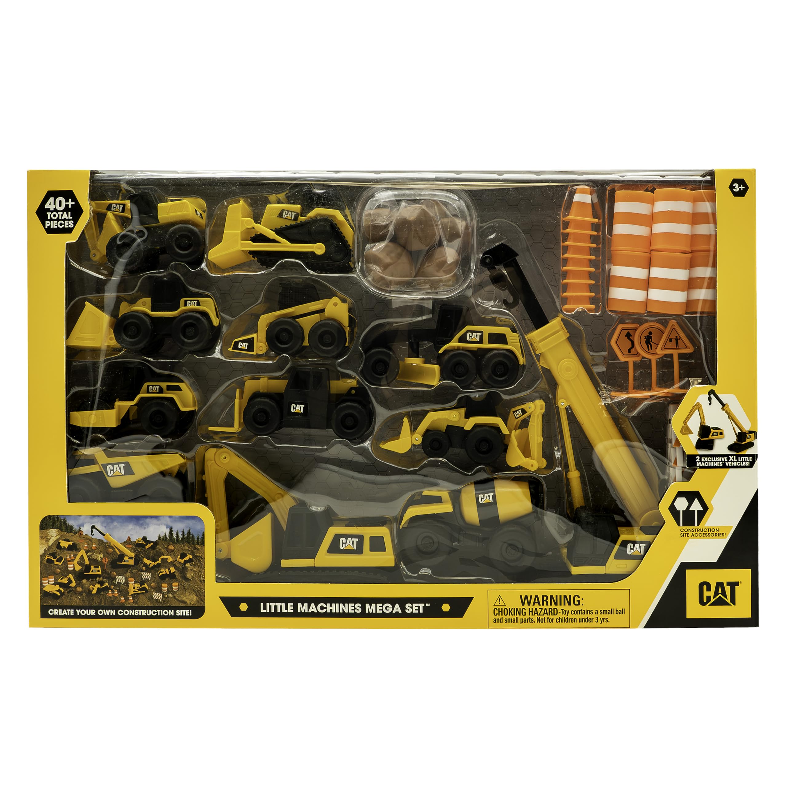 CAT Construction Toys 40-Piece Mega Set - Yellow Vehicles & Accessories with Dump Truck, Crane, Excavator, Bulldozer for Kids Ages 3+ | STEM Learning, Pretend Play & Construction Site Adventures