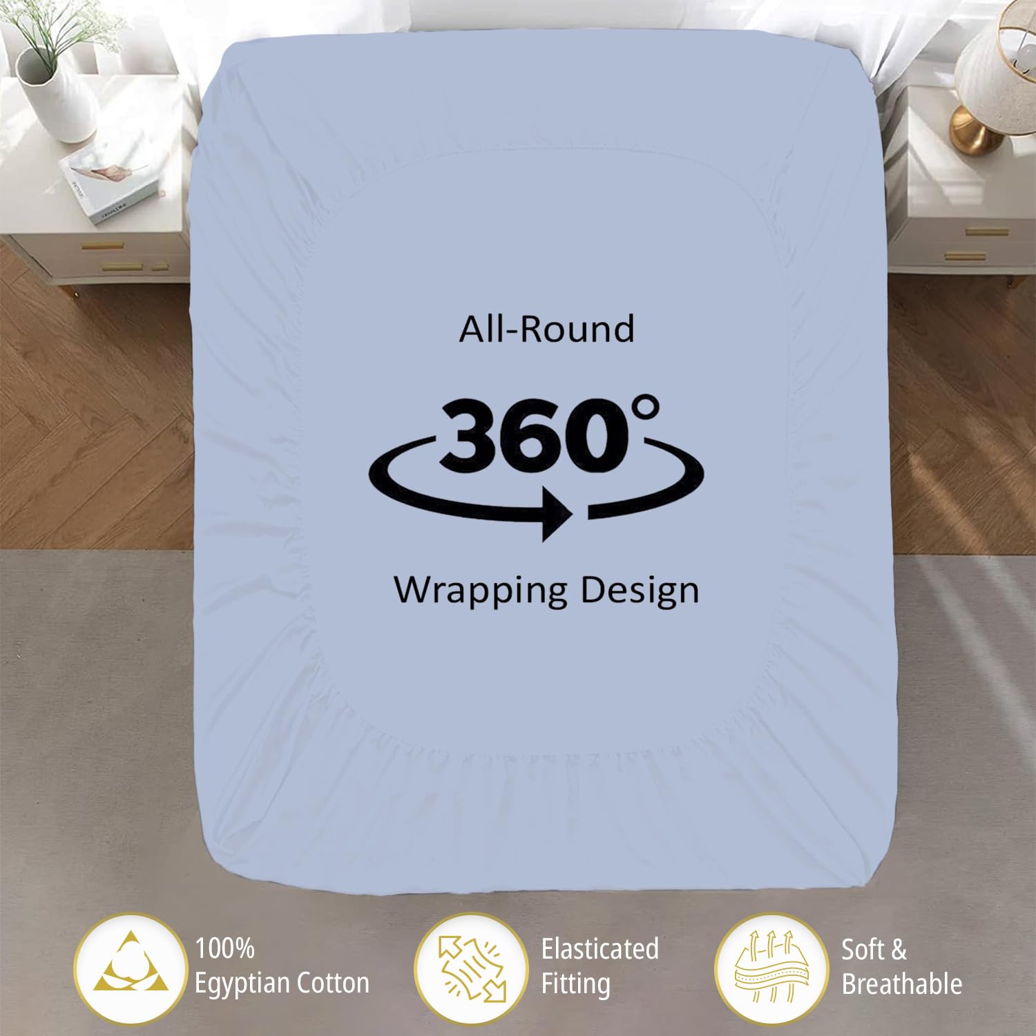 Premium 100% Egyptian Cotton King Sheet Set - 4 Piece Sky Blue Cooling Bed Sheets with 17