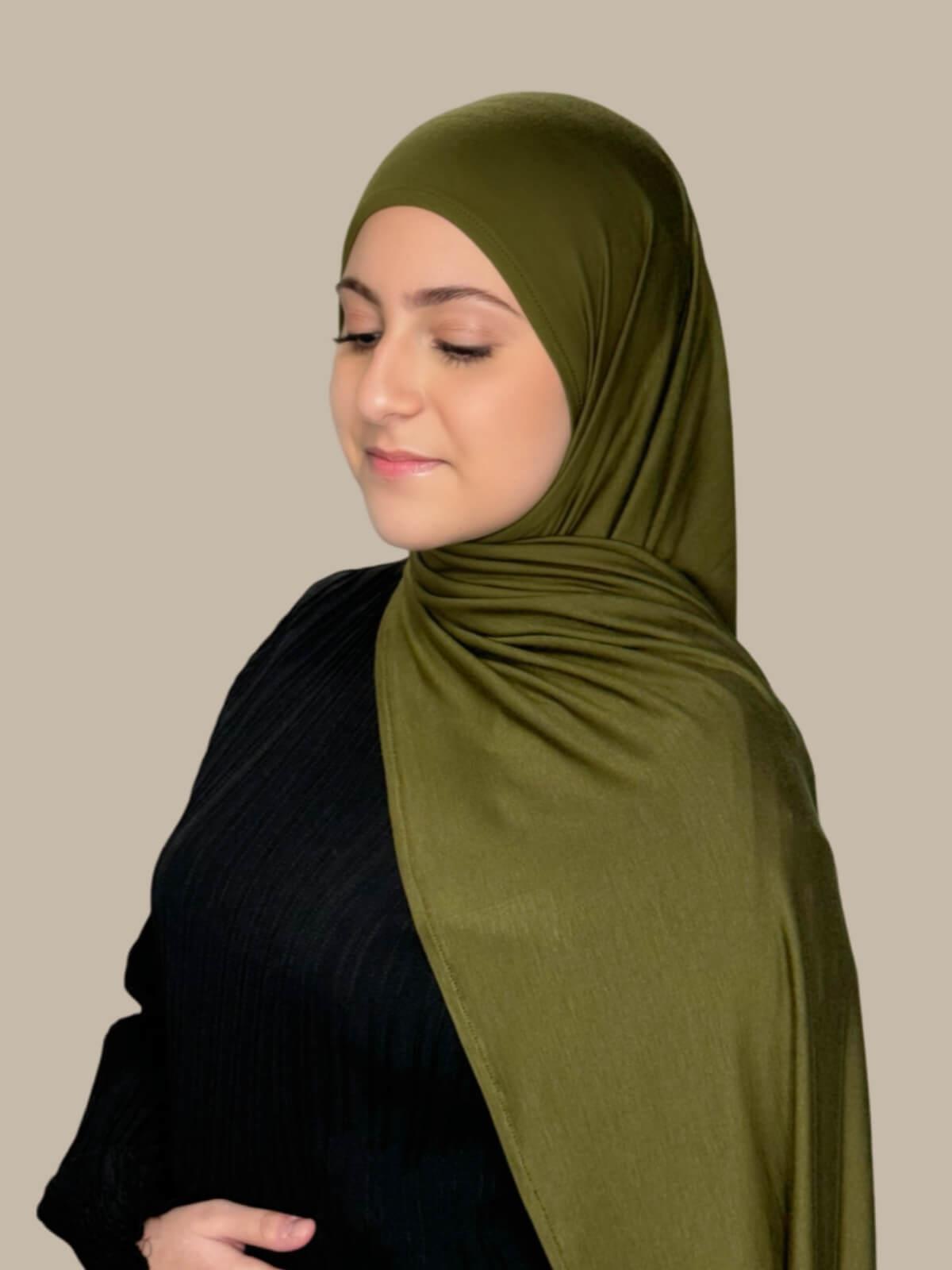 Stylish Pre-Sewn Jersey Hijab for Women - Olive Green | Comfortable & Modest Headscarf for Daily Wear, Work, and Prayer