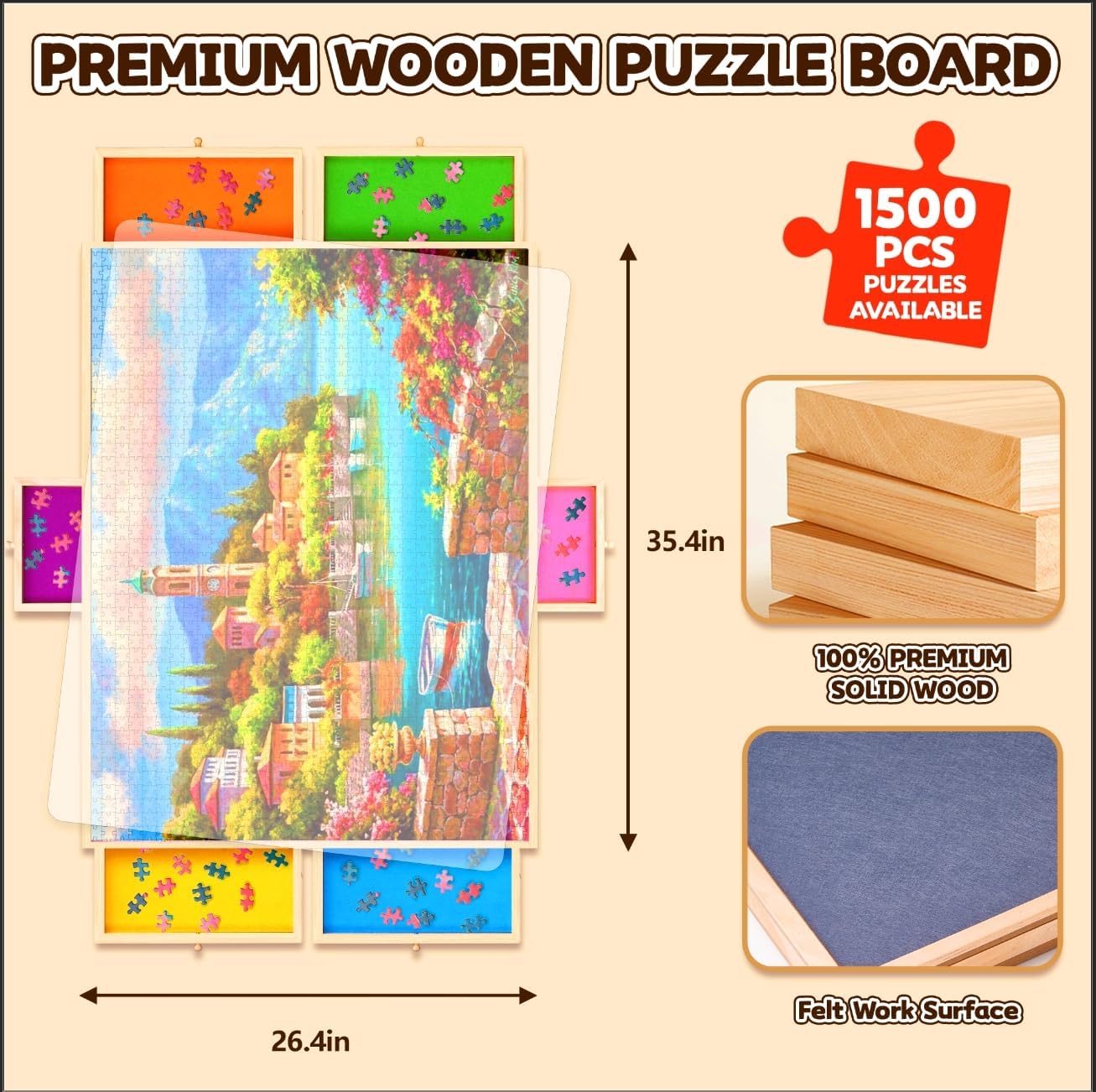 Rotating Wooden Puzzle Board with Drawers - Gift for Puzzle Lovers | Home & Office Use