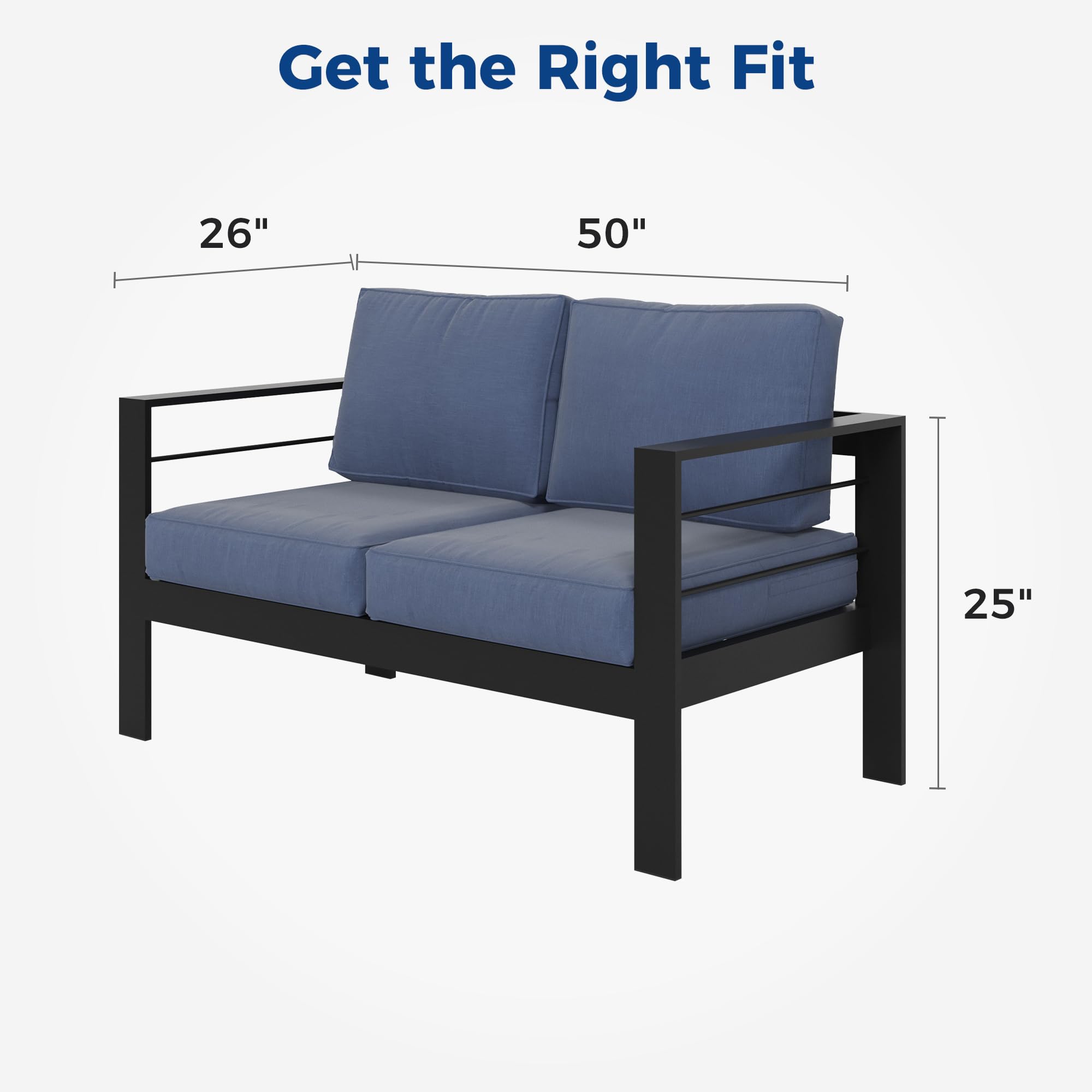 All-Weather Black Aluminum Loveseat with Blue Cushions - Outdoor Patio Furniture 2-Seater Sofa for Garden, Poolside & Backyard Relaxation