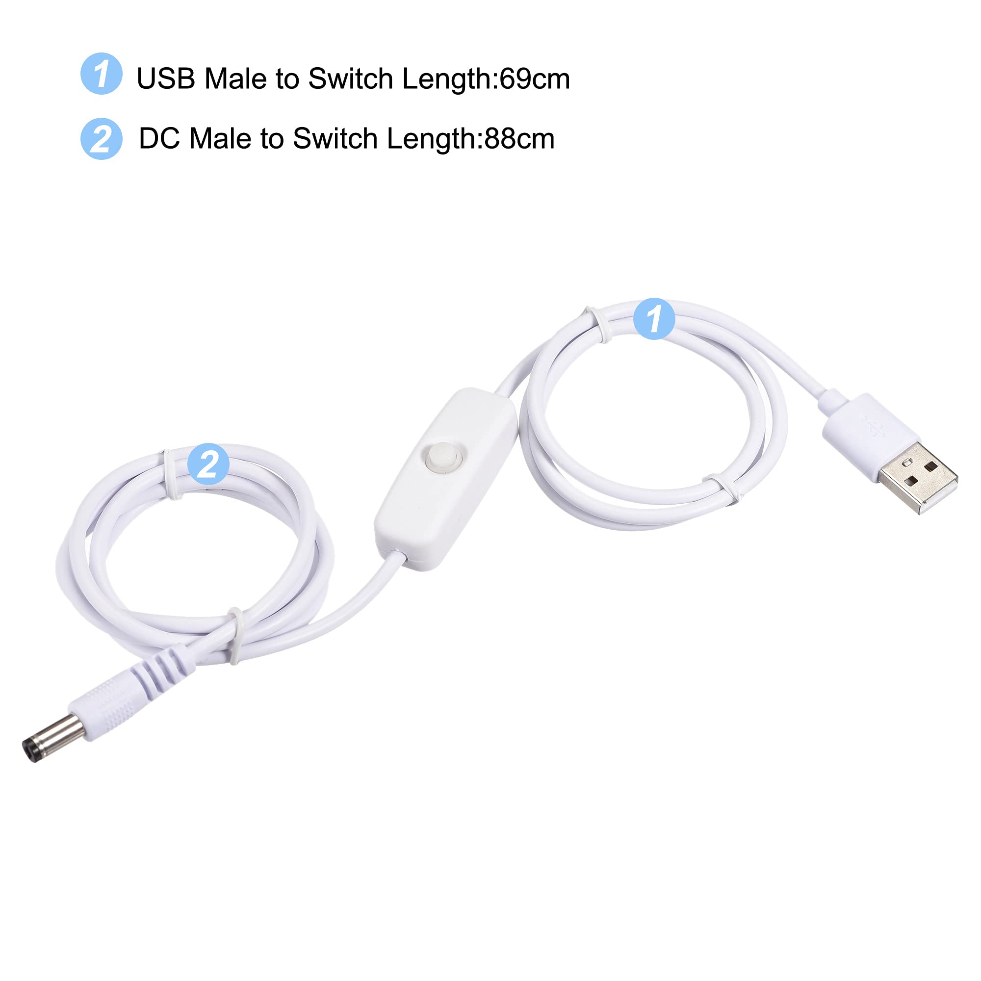MECCANIXITY USB to 5.5x2.1mm DC Power Cable with ON/OFF Switch - 150cm White Extension Cord for LED Desk Lamps, LED Strips - Perfect for Home Office Lighting and DIY Projects
