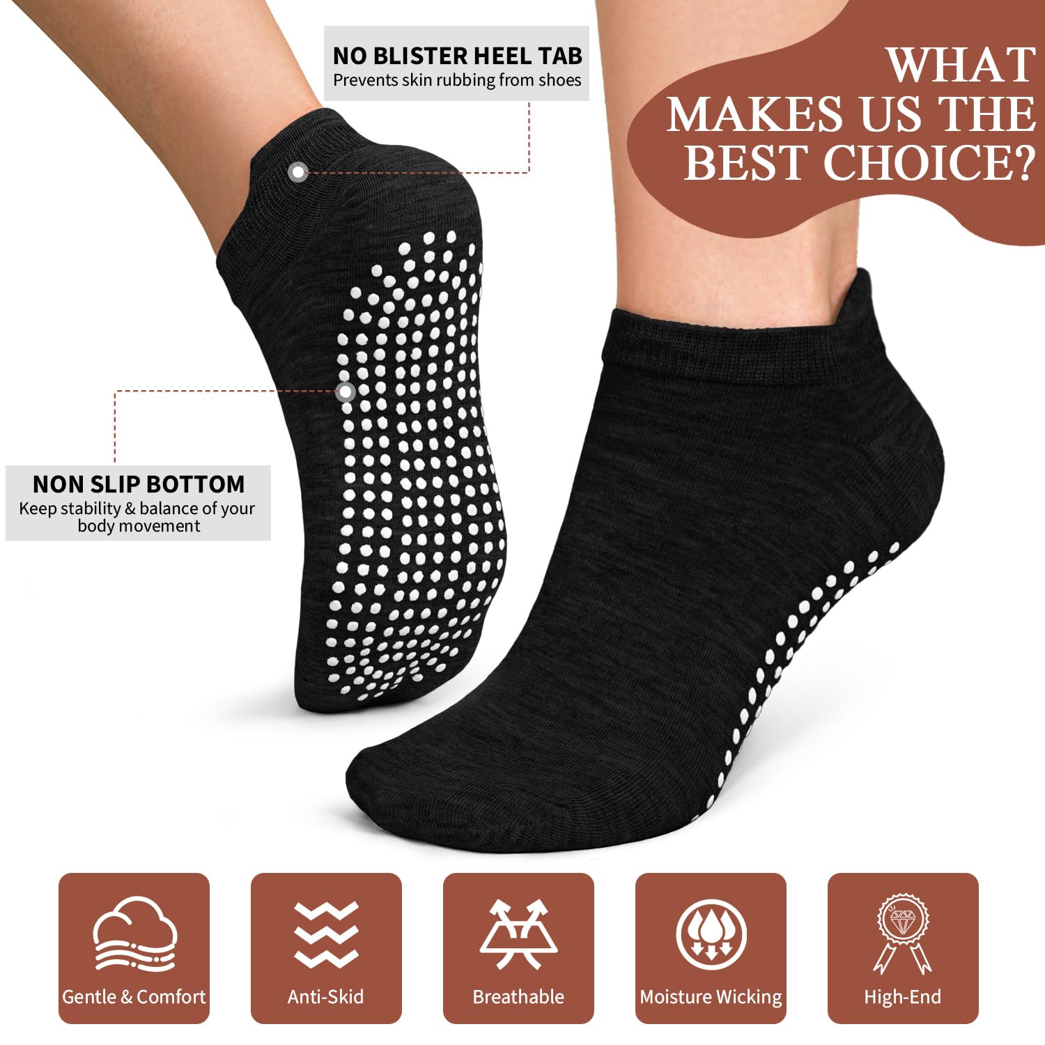 Non-Slip Yoga Socks for Women - 4/6 Pairs Grippy Pilates Socks for Barre & Hospital Use
