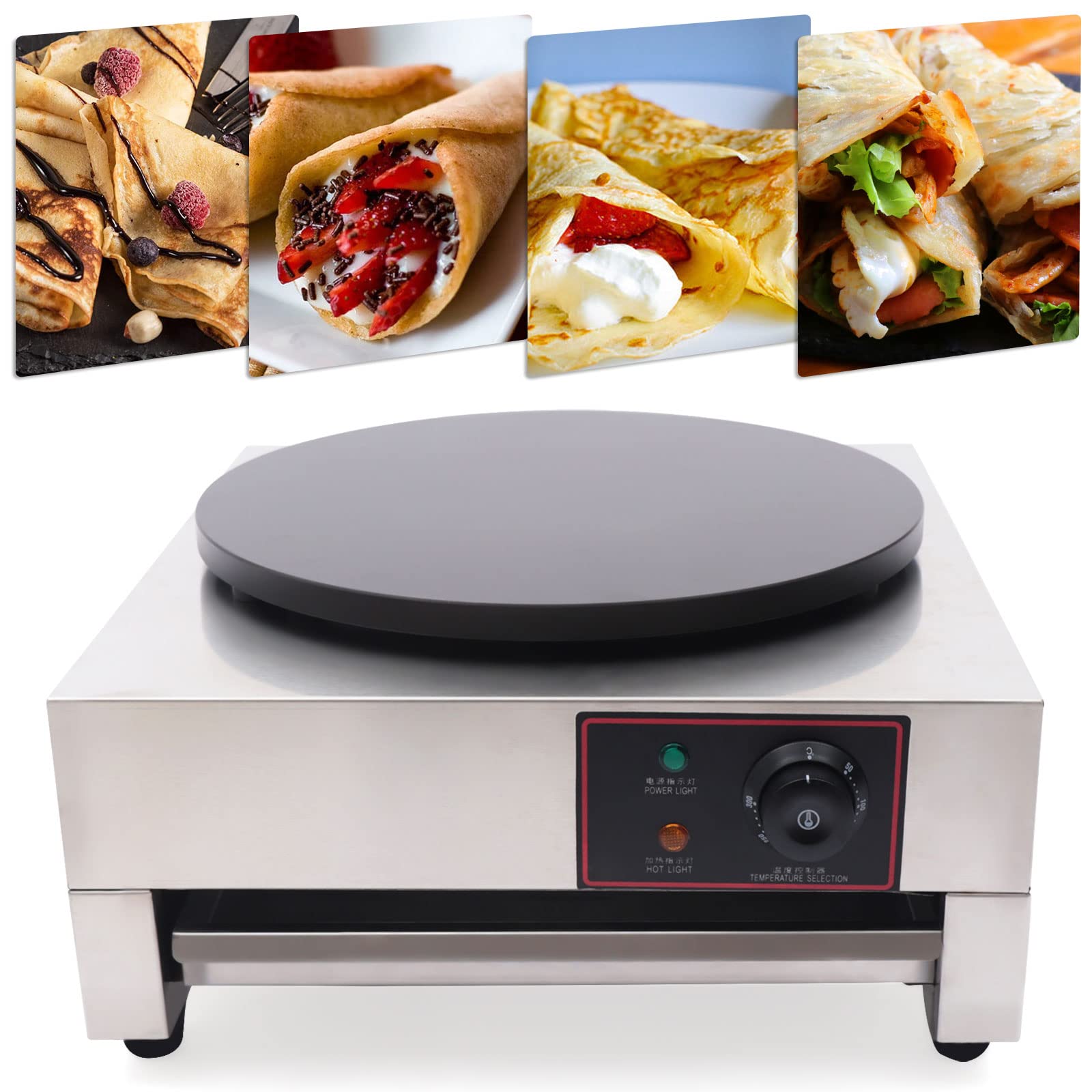1700W Commercial Electric Crepe Maker - 16 Inch Nonstick Pancake Griddle with Adjustable Temperature (50-300°C/122-572°F) - Automatic Pancake Machine for Restaurants, Cafes & Catering Equipment - Perfect for Breakfast, Brunch & Dessert Preparation