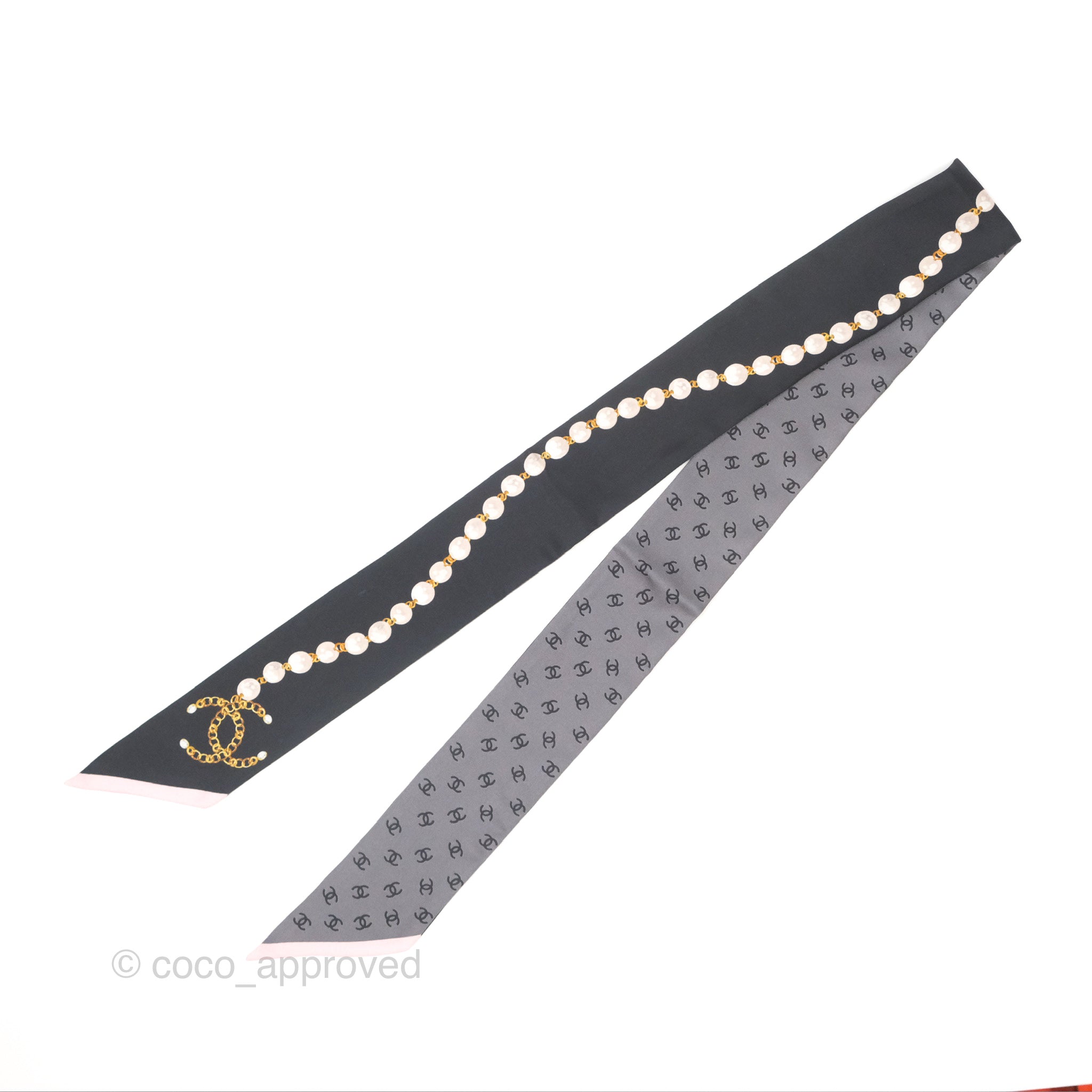 Chanel CC Pearl Print Silk Twilly Scarf - Black & Grey Luxury Fashion Accessory for Women | Perfect for Handbags, Hats & Gift Giving