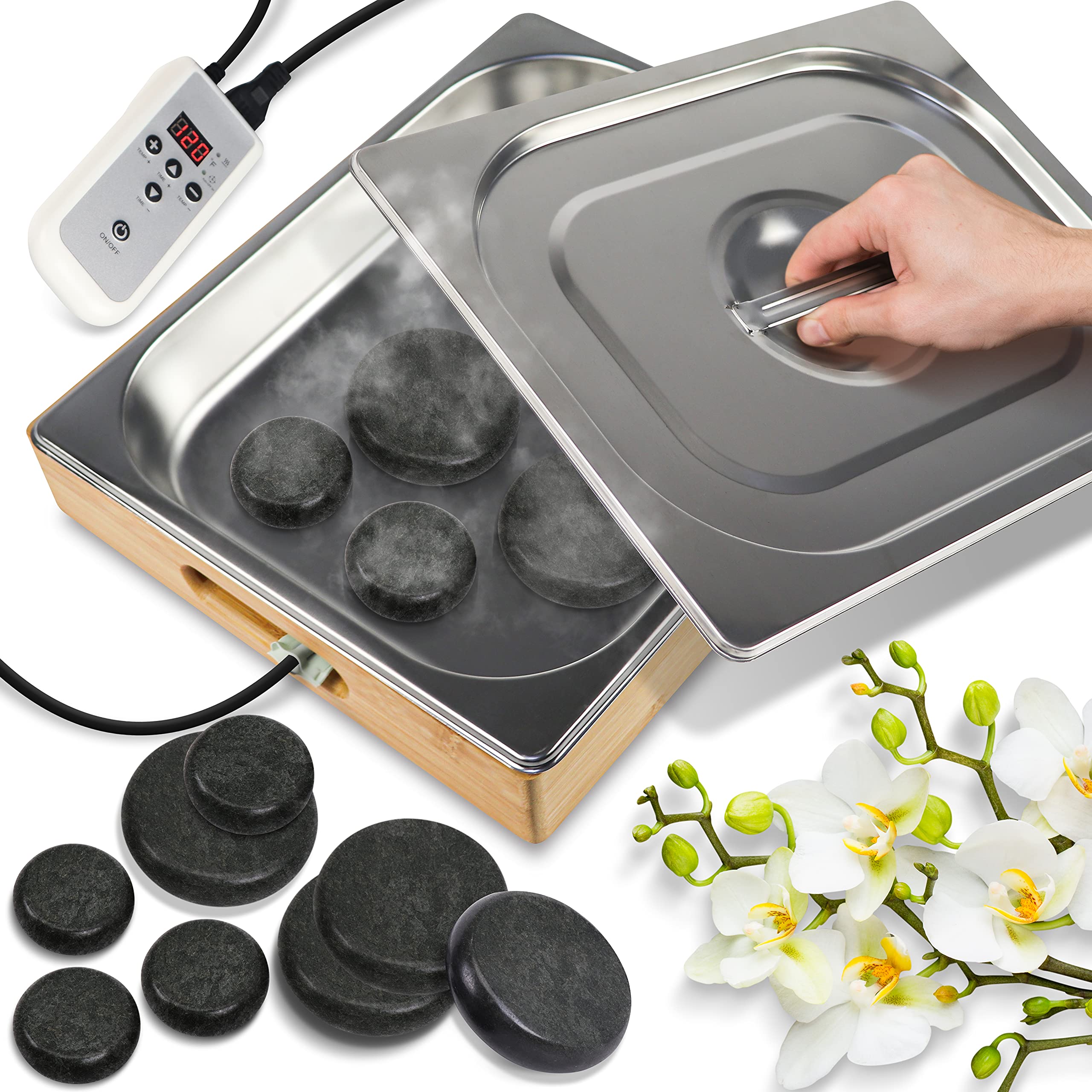 Electric Hot Stone Massage Kit with 6 Large & 6 Small Basalt Stones - Portable Spa Warmer Set with Digital Controller & Heating Bag for Relaxation Therapy - Perfect for Home Spa, Professional Massage & Pain Relief