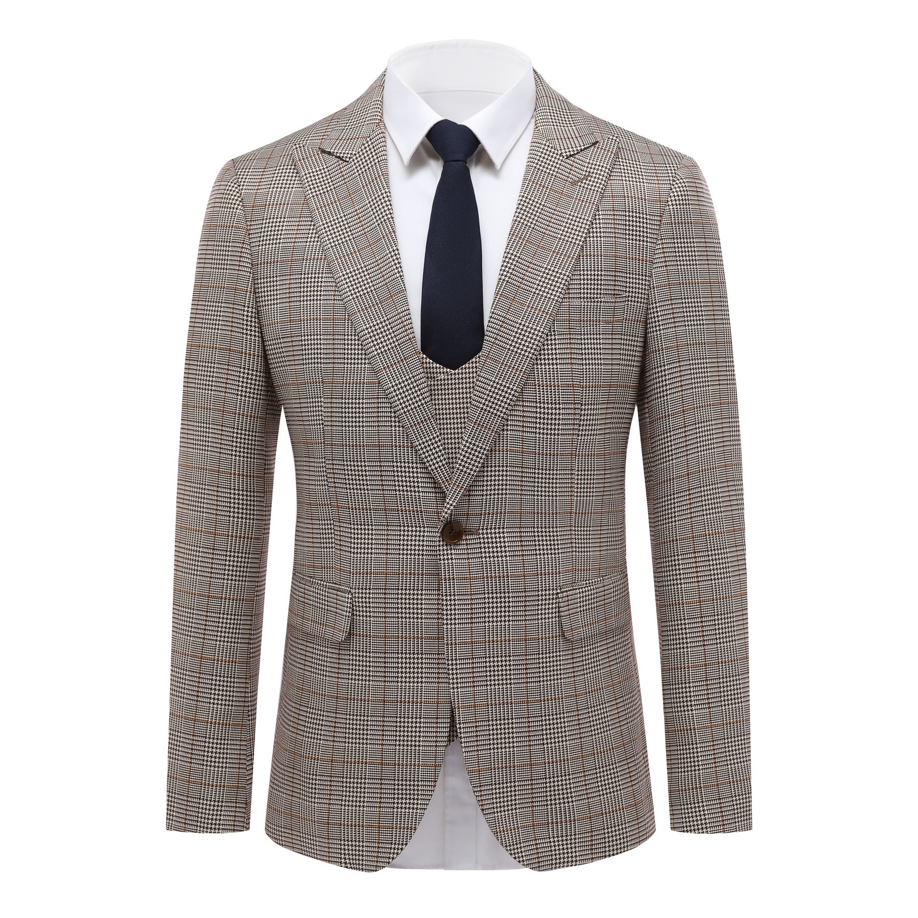Premium 3-Piece Plaid Suit Set for Men - Stylish Coffee Brown Business Attire - Perfect for Office, Weddings & Formal Events