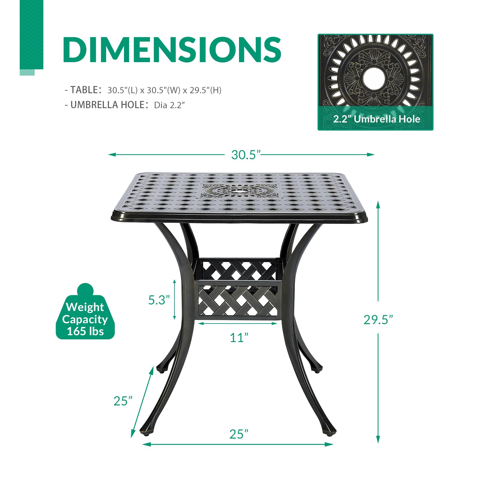 VIVIJASON 30.5 Inch Square Outdoor Patio Dining Table - Bronze Cast Aluminum Weather-Resistant Table with Umbrella Hole - Perfect for Backyard, Garden, Poolside & BBQ Gatherings