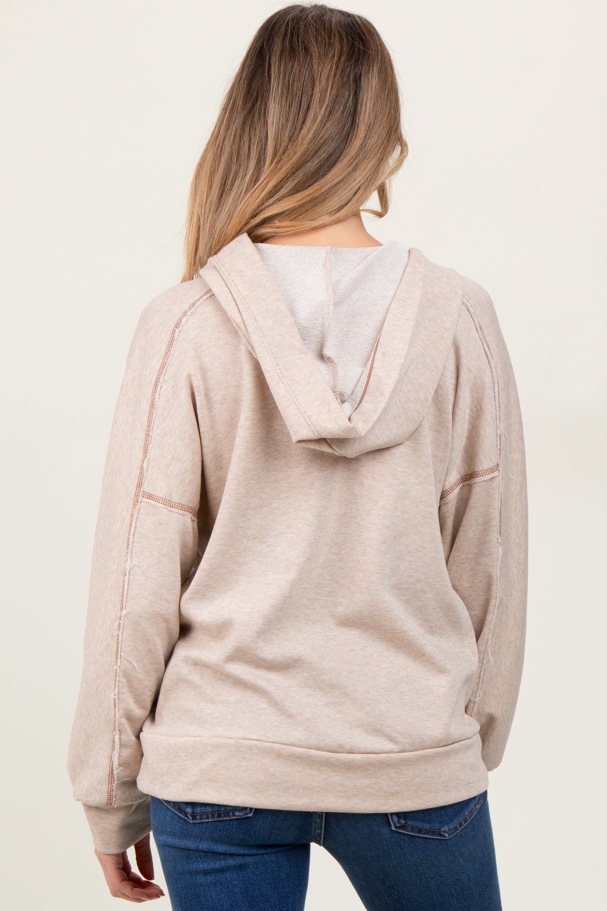 Beige Oversized Raw Hem Maternity Hoodie - Soft & Comfortable Pregnancy Sweatshirt for Women | Perfect for Casual Wear, Maternity Photos & Relaxing at Home