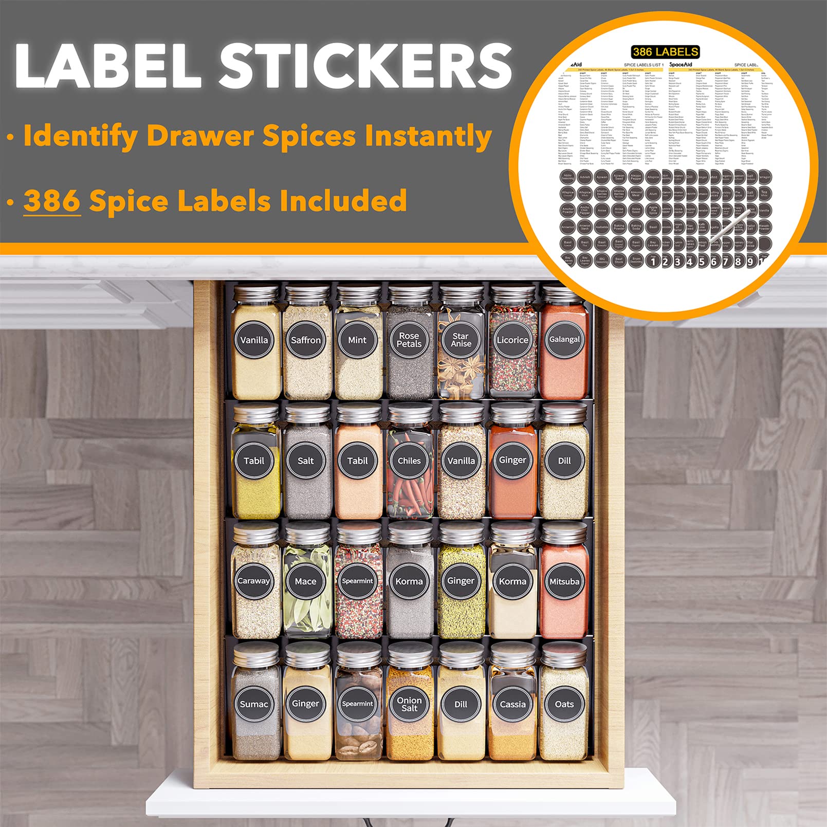 SpaceAid 28-Jar Spice Drawer Organizer with Storage Bags - 4 Pack Set for Kitchen Cabinet & Pantry Organization | Perfect for Home Chefs & Meal Prep Enthusiasts