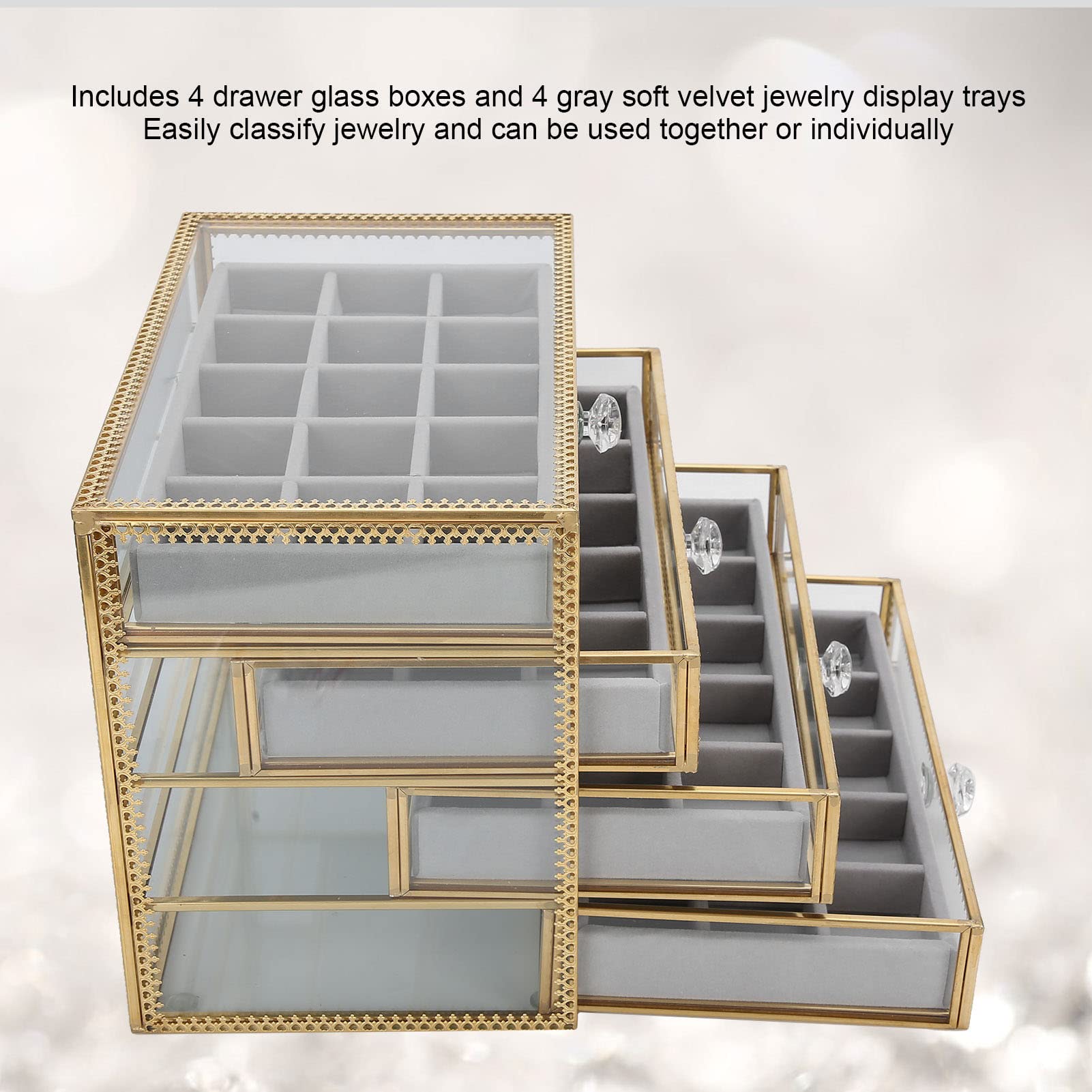 EXCLUZO 60 Grids Clear Glass Nail Art Organizer Box with 4 Drawers - Nail Polish & Jewelry Storage for Salon, Home, and Mall Counter Display