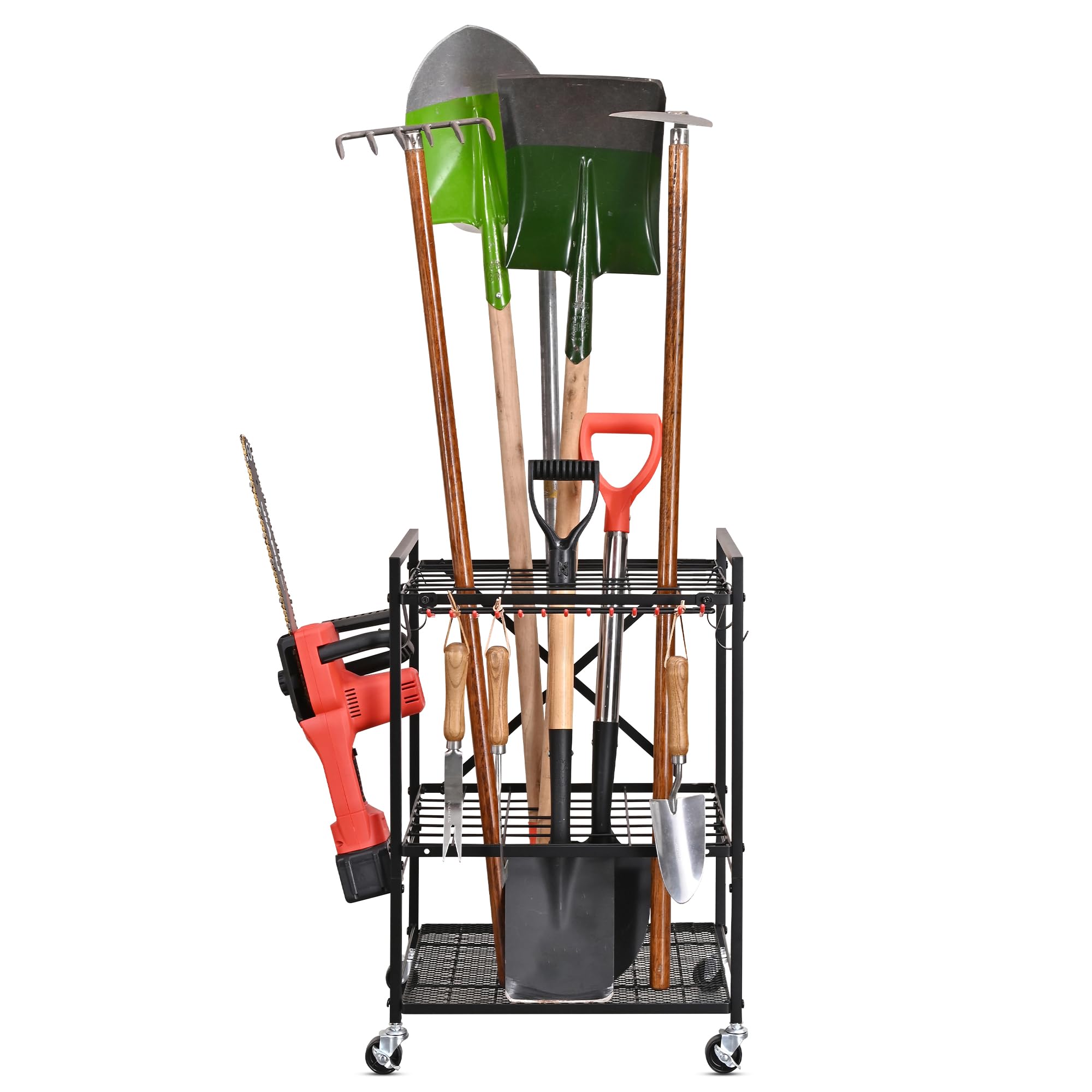 Mythinglogic Small Tower Garden Tool Organizer with Wheels - Heavy Duty Garage & Yard Tool Storage Rack for Shovels, Rakes & Gardening Equipment - Perfect for Shed, Garage or Outdoor Tool Organization