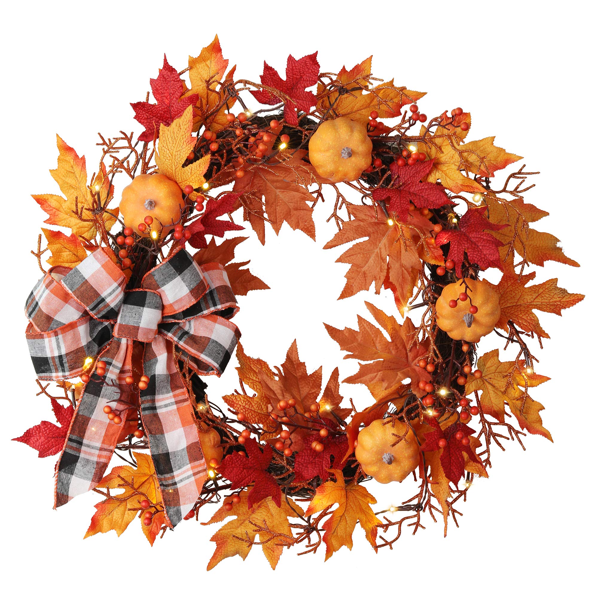 24 Inch Halloween Pumpkin Plaid Harvest Wreath with 30 Warm White LED Lights & Auto Timer - Natural Grapevine Fall Decor for Front Door, Porch, or Indoor Seasonal Decoration