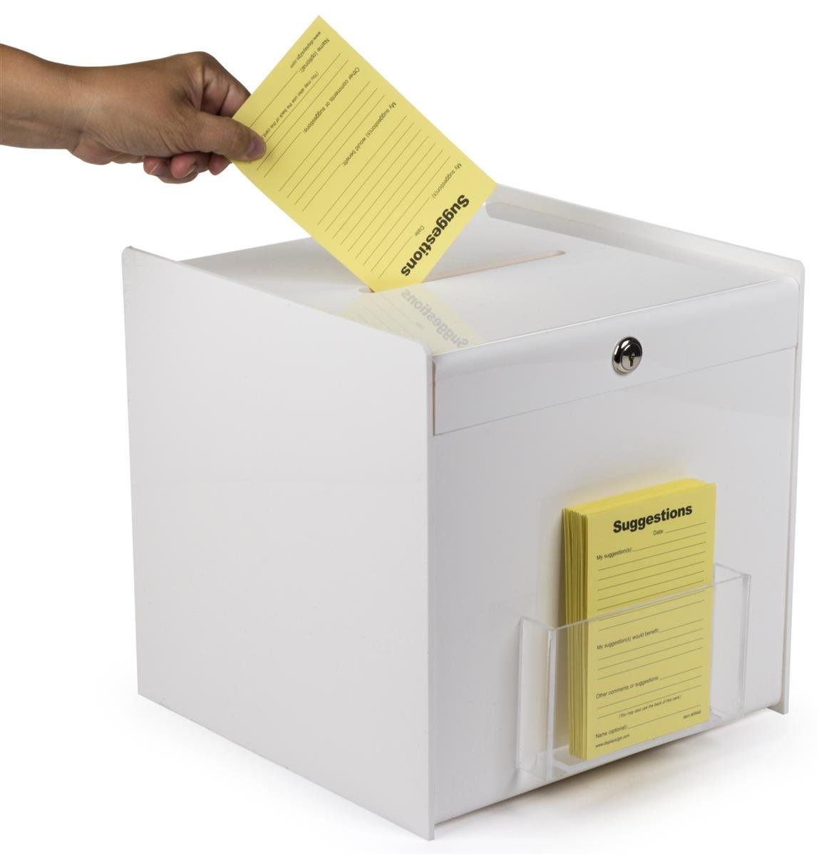 Displays2go 12-Inch Acrylic Cube Ballot Box with Key Lock & Front Brochure Pocket - Secure Voting, Donation Collection, Event Fundraising (White, BBWT) - Perfect for Elections, Charity Events, and School Activities