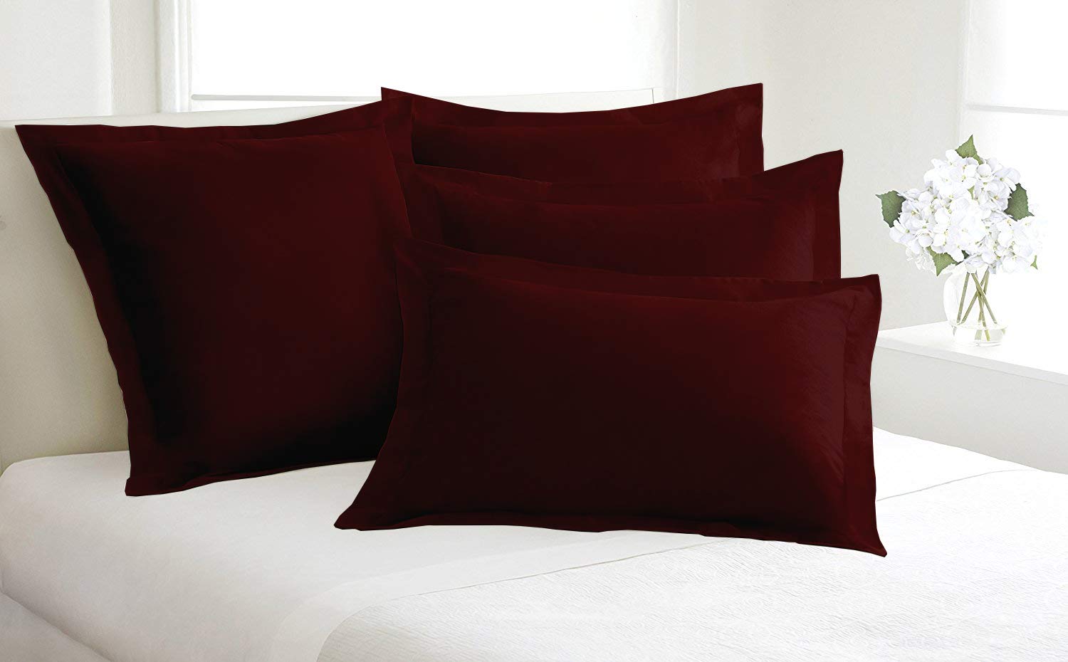 Premium 600TC Egyptian Cotton Pillow Shams Set of 2 - Hotel Quality Bedding for Queen/Full Beds in Wine Red