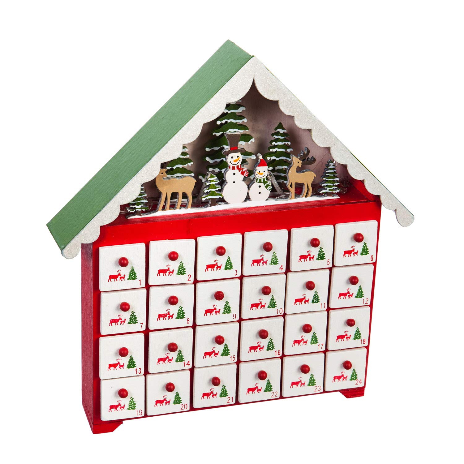 Cypress Home Christmas LED Illuminated Wooden Advent Calendar with 24 Drawers - 12 Inch Holiday Countdown Decor for Home, Office & Gift Giving