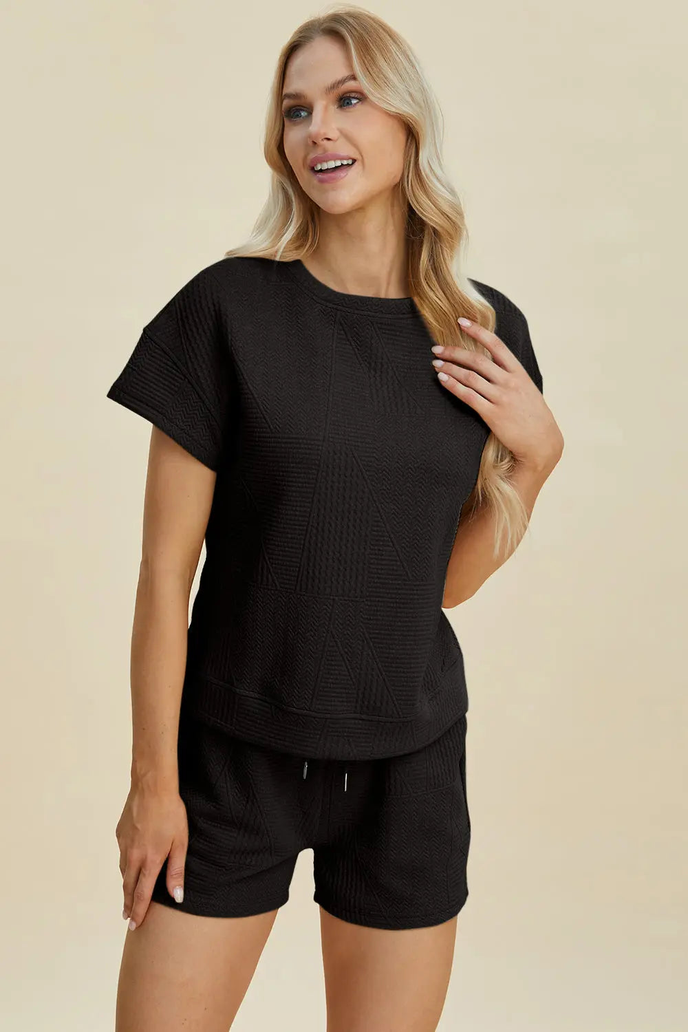 Double Take Full Size Textured Short Sleeve Top & Shorts Set - Women's Casual Summer Outfit for Beach, Yoga & Lounge Wear