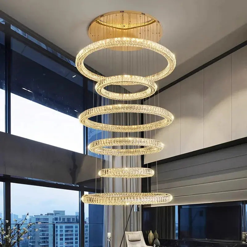 6 Ring Crystal Modern Stairway Chandelier - Elegant LED Staircase Lighting Fixture for Home Decor, Hallway, and Foyer (Indoor Use)
