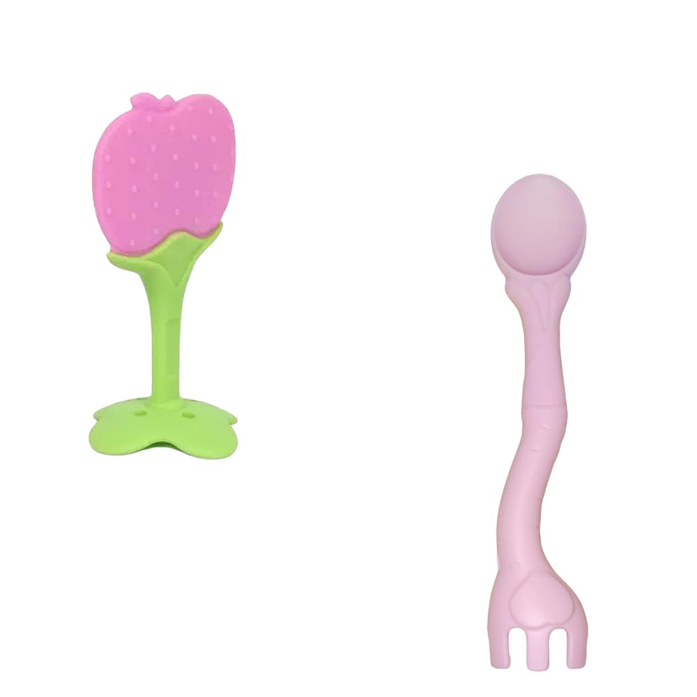 Kritiu BPA-Free Silicone Teether & Baby Spoons Set - Safe Infant Teething Toys & Feeding Utensils for Babies 6+ Months (Pink) - Perfect for Soothing Sore Gums & Introducing Solid Foods