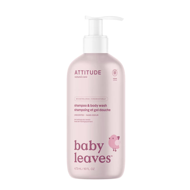 Attitude Baby Leaves 2-in-1 Shampoo & Body Wash - Fragrance Free, Hypoallergenic, 16 fl oz (473 ml) - Gentle Cleansing for Sensitive Skin - Perfect for Newborns & Toddlers Bath Time