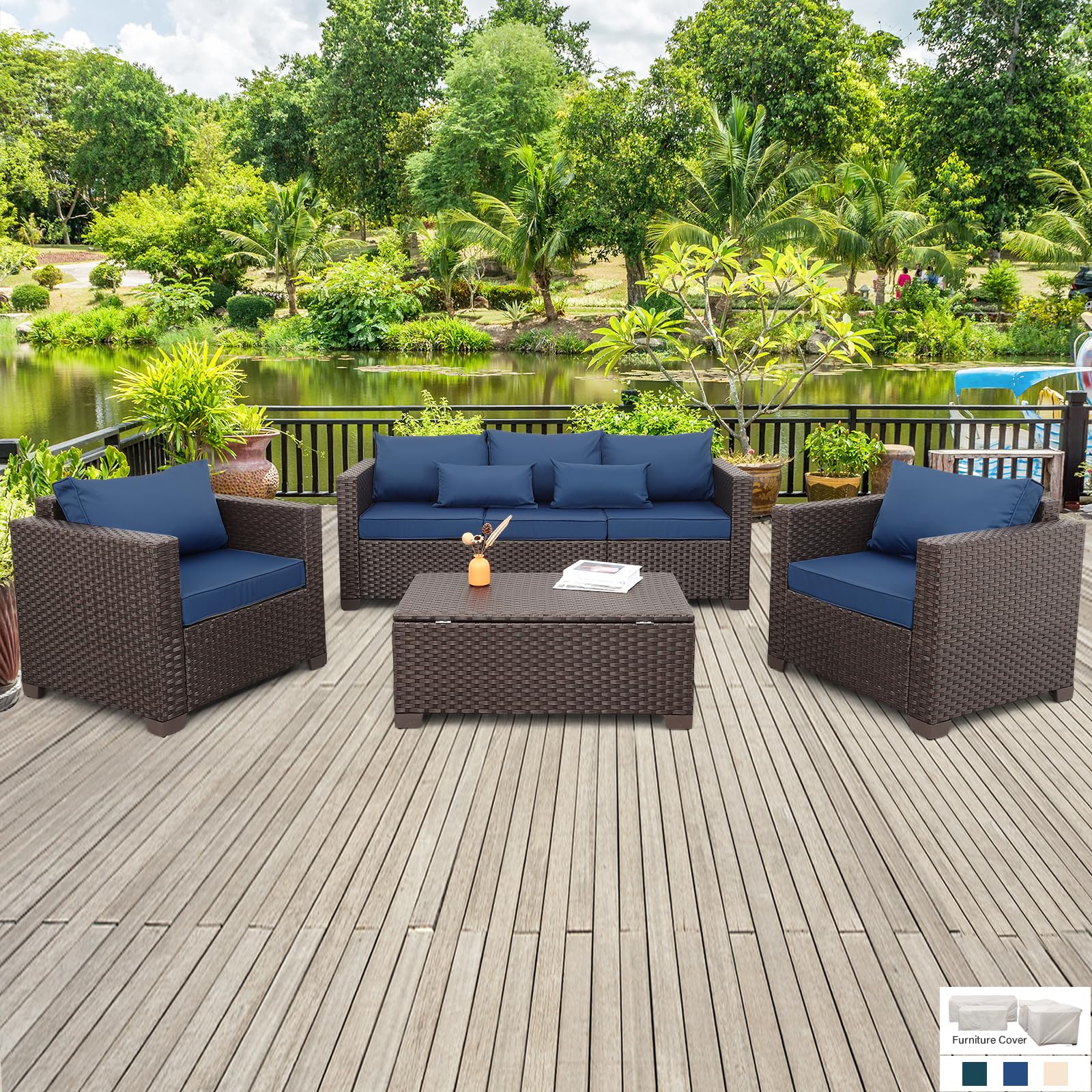 4-Piece Patio Furniture Set with Outdoor Couch, 2 Chairs & Storage Table - Waterproof Navy Blue Cushions & No-Slip Covers - Perfect for Backyard, Garden, Poolside Relaxation
