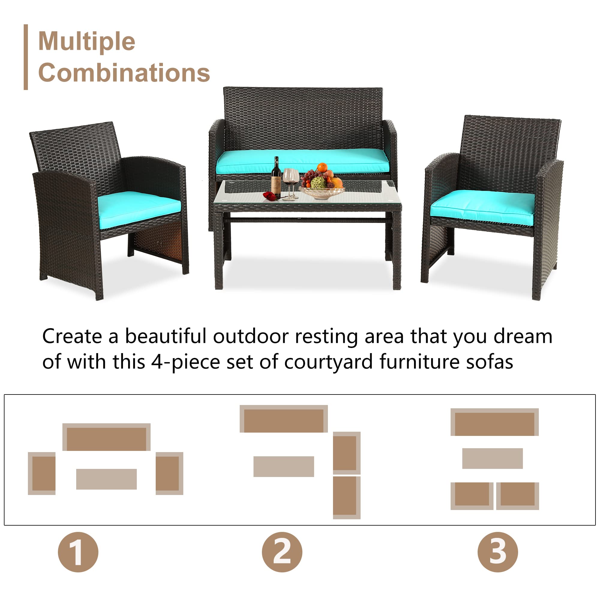 Premium 4-Piece Wicker Rattan Patio Furniture Set with Blue Cushions - Outdoor Conversation Set for Garden, Porch, Poolside & Balcony - Durable FDW Lawn Chairs Perfect for Relaxing & Entertaining