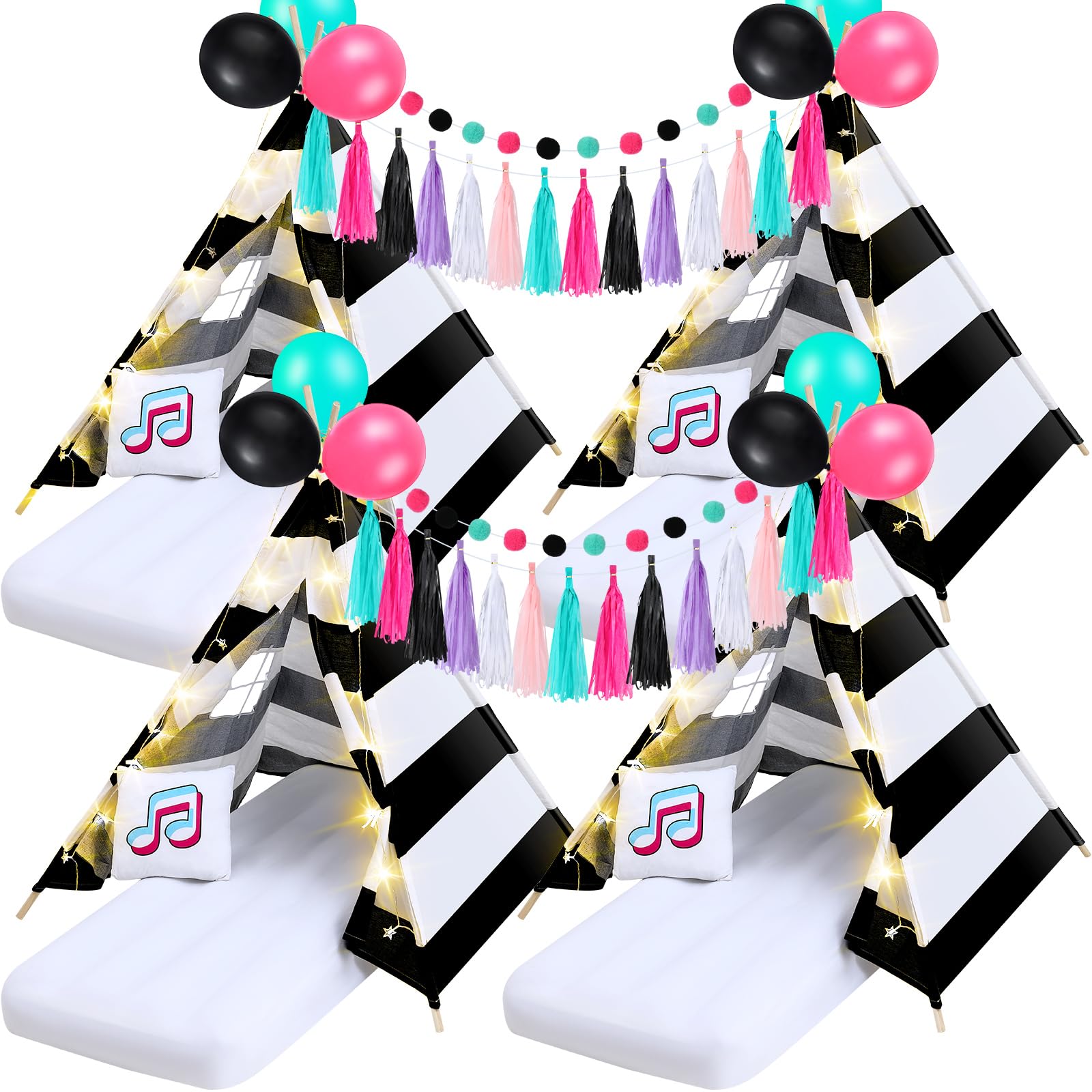 Windyun 4 Pack Kids Teepee Tents with Air Mattress, LED Lights & Pillows - Music Themed Play Tent for Girls Sleepover Parties - Natural Cotton Indoor/Outdoor Playhouse for Camping, Birthday & Slumber Parties