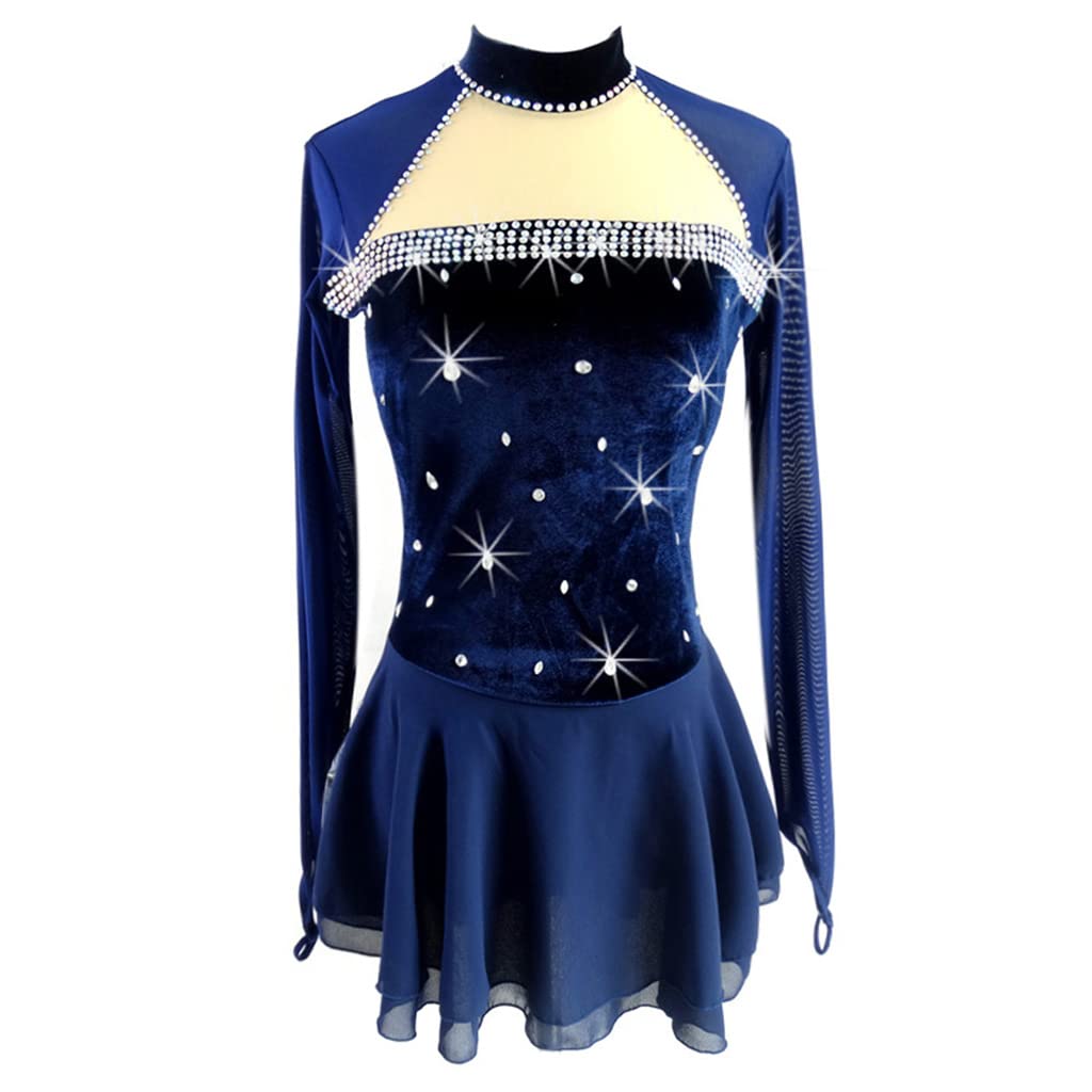 Professional Ice Skating Skirt with Blue Fingertip Sleeves & Rhinestone Turtleneck - Breathable Tulle Skating Dress for Competition & Performance - Perfect for Figure Skating Shows, Ice Dance Routines and Winter Sports Events
