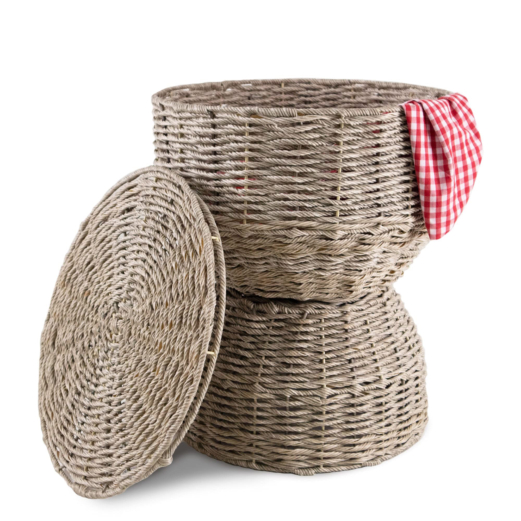 Woven Storage Ottoman Pouf - Multipurpose Hamper Stool, Round Wicker Basket Weave Chair, Barrel End Table with Lid | Jute Ottoman Side Table & Decorative Storage Basket (Faux Seagrass) | Perfect for Living Room, Bedroom & Home Organization
