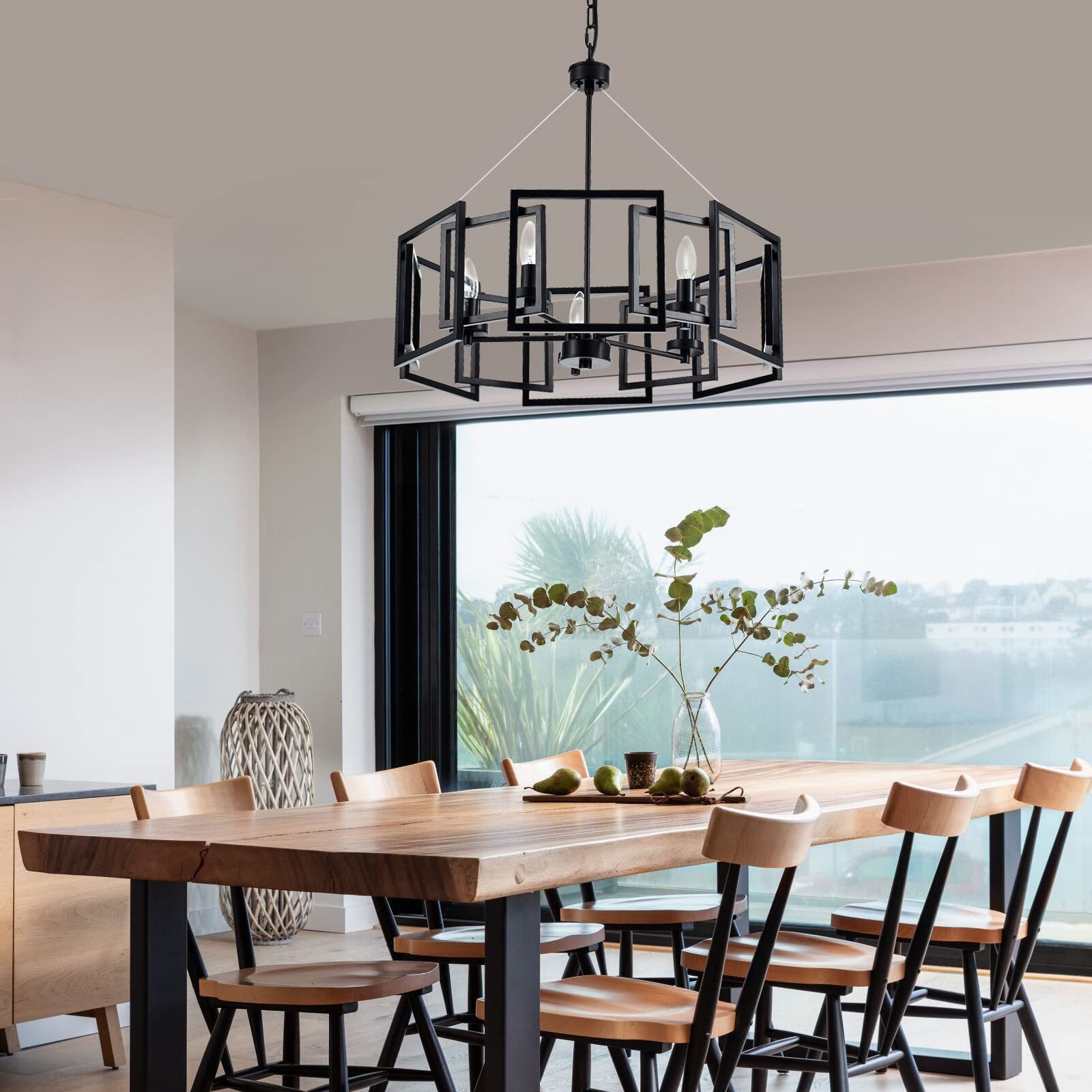 Industrial Style Chandelier - Matte Black Geometric Pendant Light Fixture with 5 Lights for Dining Room, Living Room, Kitchen Island & Bedroom | Perfect for Modern Farmhouse, Loft & Industrial Decor