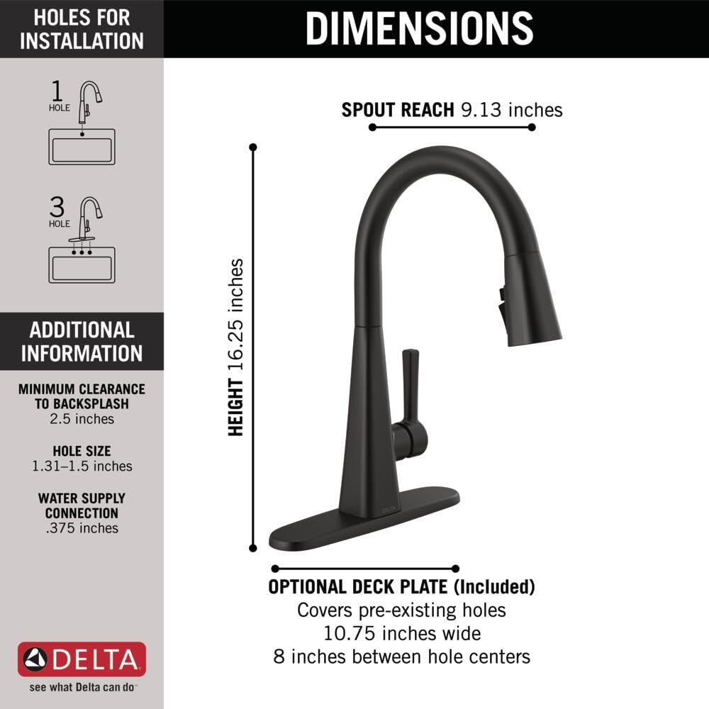 Delta 19802Z-BL-DST Matte Black Kitchen Faucet with Pull Down Sprayer & Magnetic Docking - Modern Single Handle Sink Faucet for Home, Restaurant & Commercial Kitchens | Easy Installation & Durable Finish