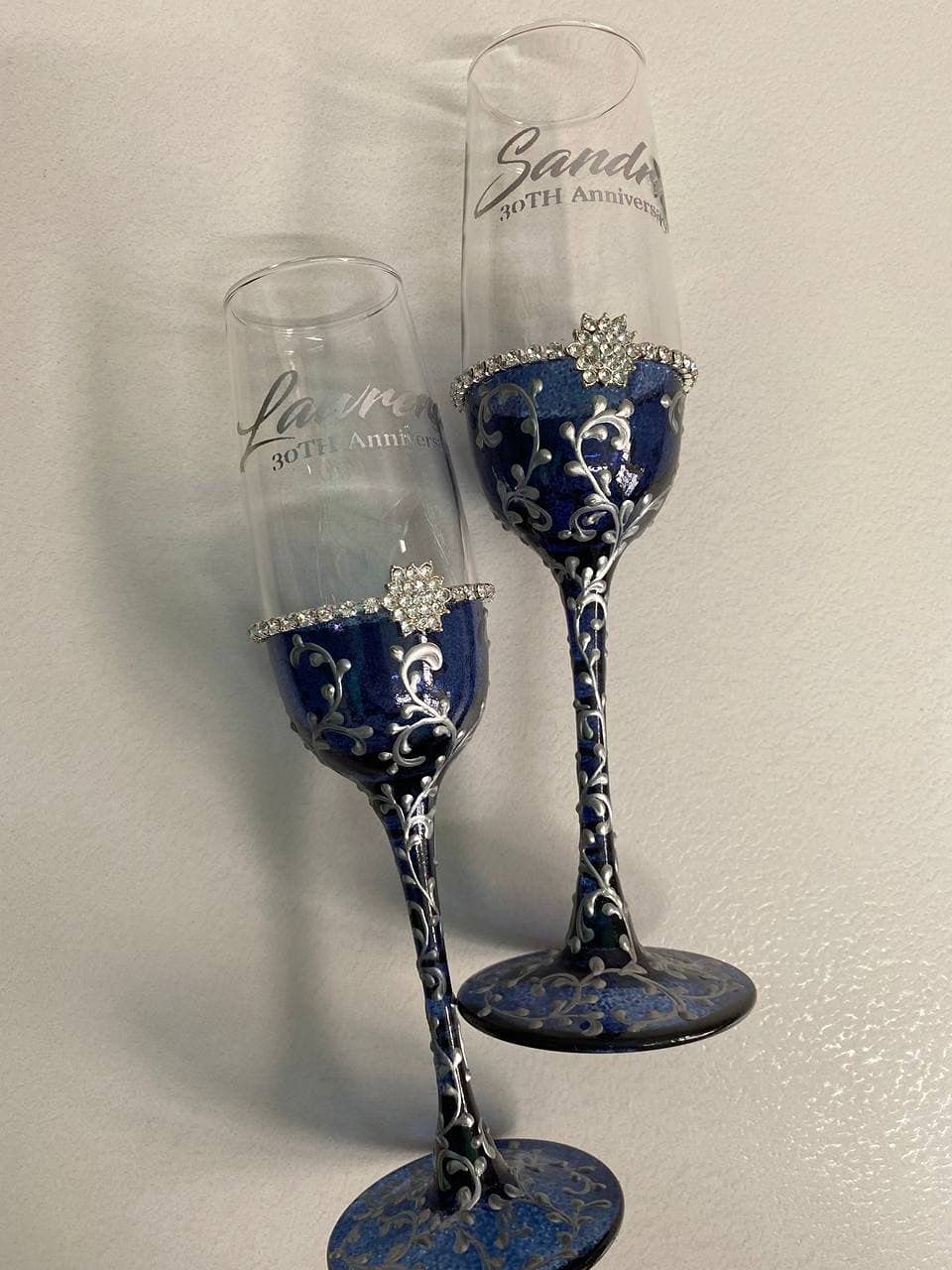 Navy Blue and Silver Wedding Toasting Flutes Set with Cake Server - Elegant Champagne Glasses for Wedding Toast, Anniversary, Bridal Shower & Special Celebrations