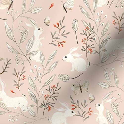 Premium Spoonflower Fabric - Pink Bunny Rabbit Woodland Animals Forest Print on Soft Minky Fabric by The Yard - Perfect for Sewing Baby Blankets, Quilt Backing & Plush Toys | Easter Spring Nursery Decor & DIY Craft Projects