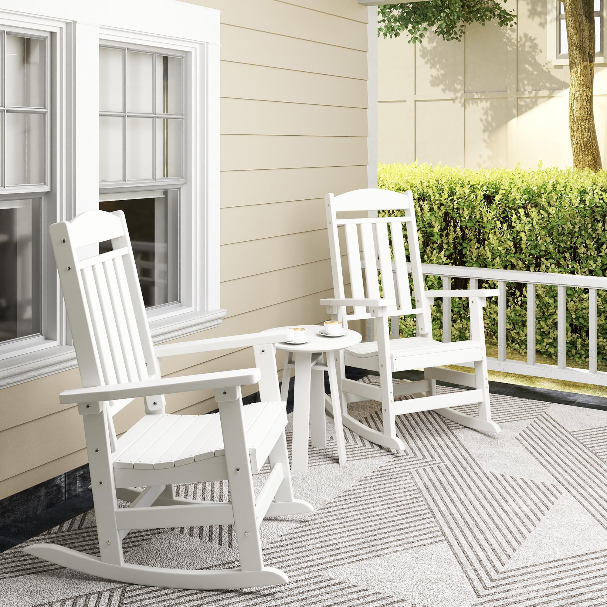 Premium Outdoor Rocking Chairs Set of 2 - Oversized High Back Patio Rockers, All-Weather Wicker Furniture for Porch, Garden & Backyard (White) - Perfect for Relaxing, Sunbathing & Enjoying Nature