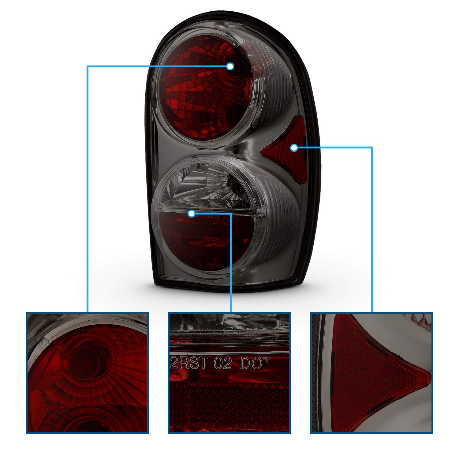 AmeriLite Replacement Smoke Brake Tail Lights Set for 2002-2007 Jeep Liberty SUV - Left & Right Side (Driver & Passenger) - Durable & Stylish Upgrade for Off-Roading & Night Driving