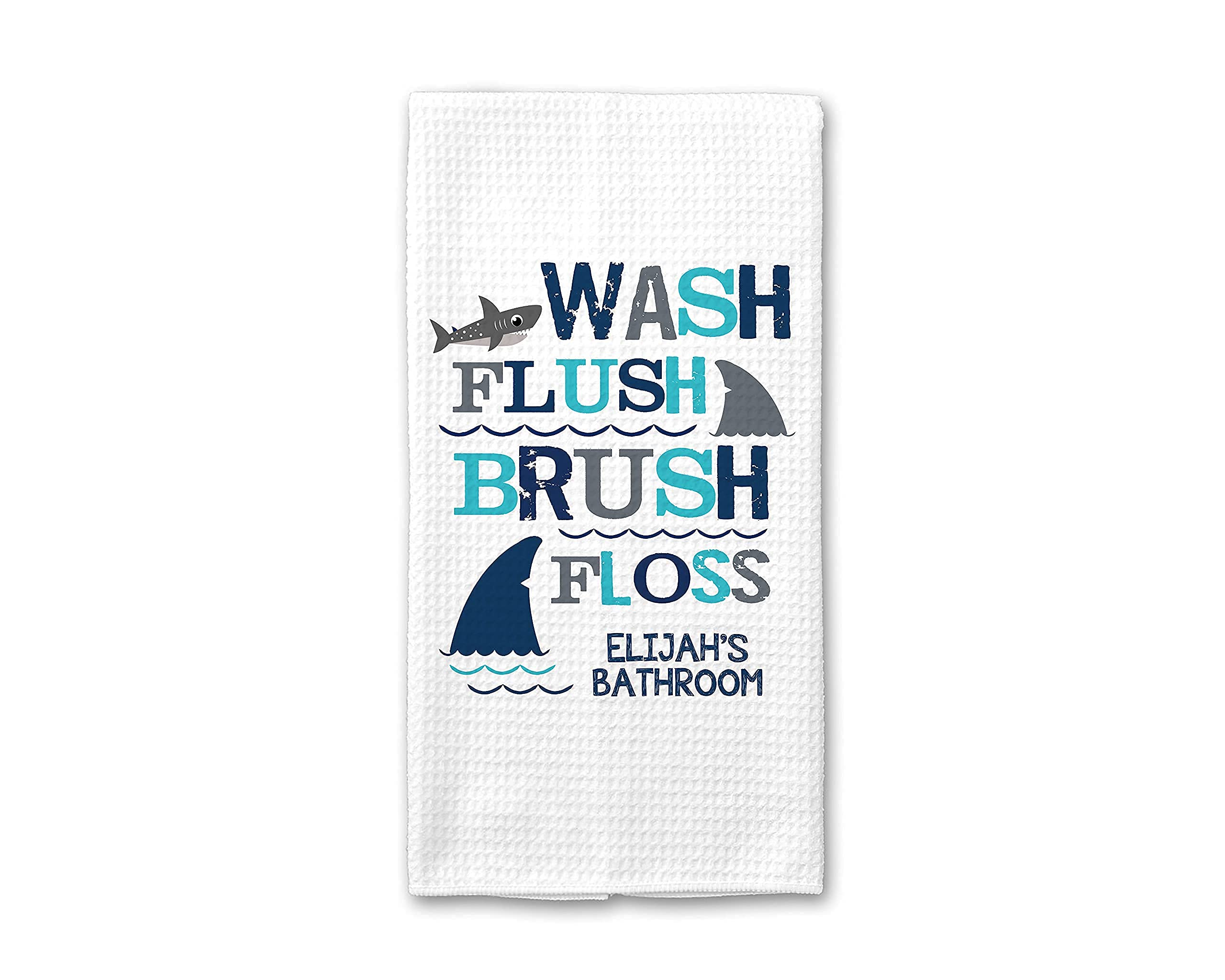 Shark-Themed Personalized Bathroom Towel Set for Boys - Wash Flush Brush Floss Decor - Soft Absorbent Shark Decor Towel for Kids Bathroom, Beach, Pool & Sports Activities