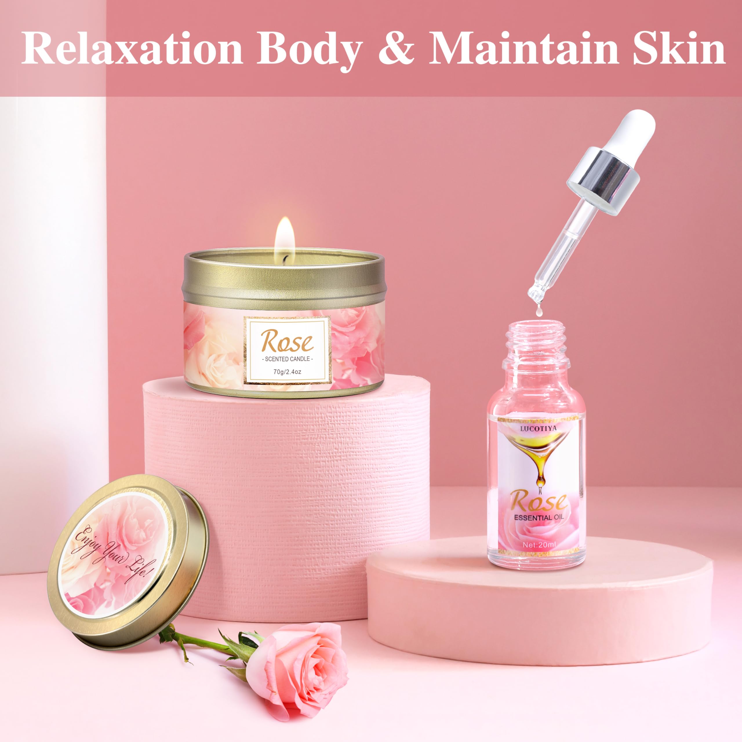 LUCOTIYA Spa Gift Basket for Women - Rose Scented Bubble Bath Set, Birthday Gifts for Mom, Teacher, Sister | Relaxing Self-Care & Romantic Bath Time